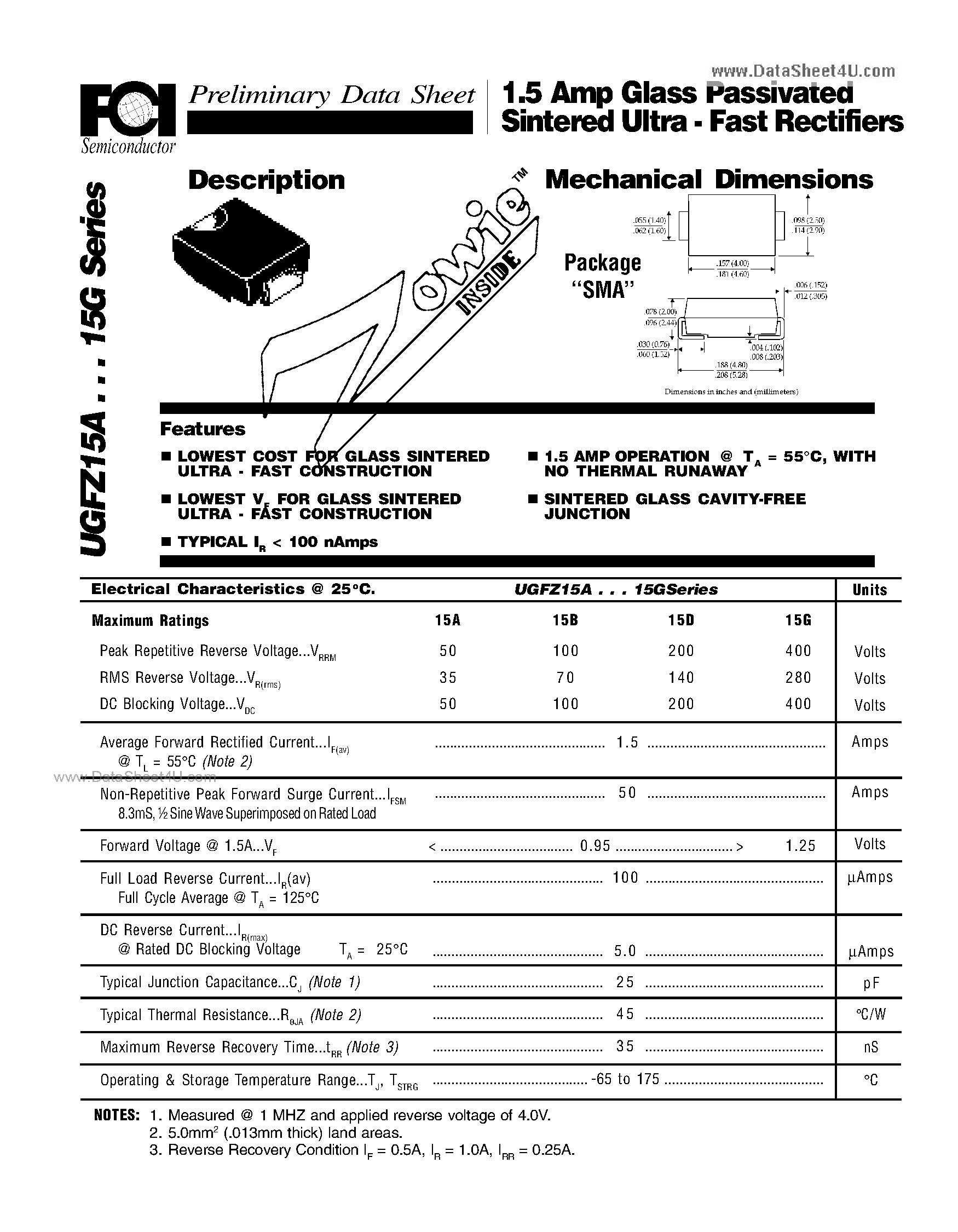 Даташит UGFZ15A - 1.5 Amp Glass Passivated Sintered Ultra - Fast Rectifiers Mechanical Dimensions страница 1