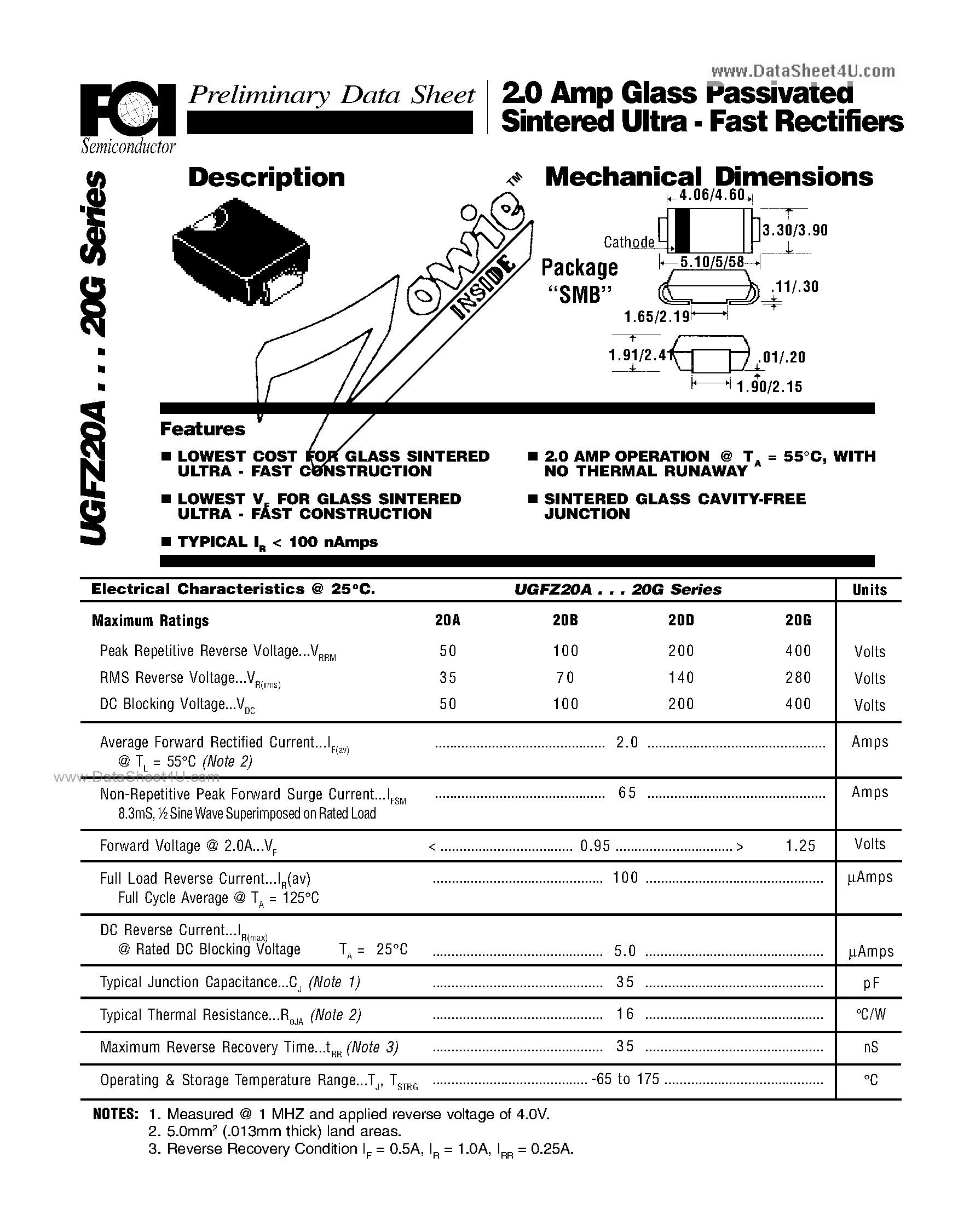 Даташит UGFZ20A - 2.0 Amp Glass Passivated Sintered Ultra - Fast Rectifiers страница 1