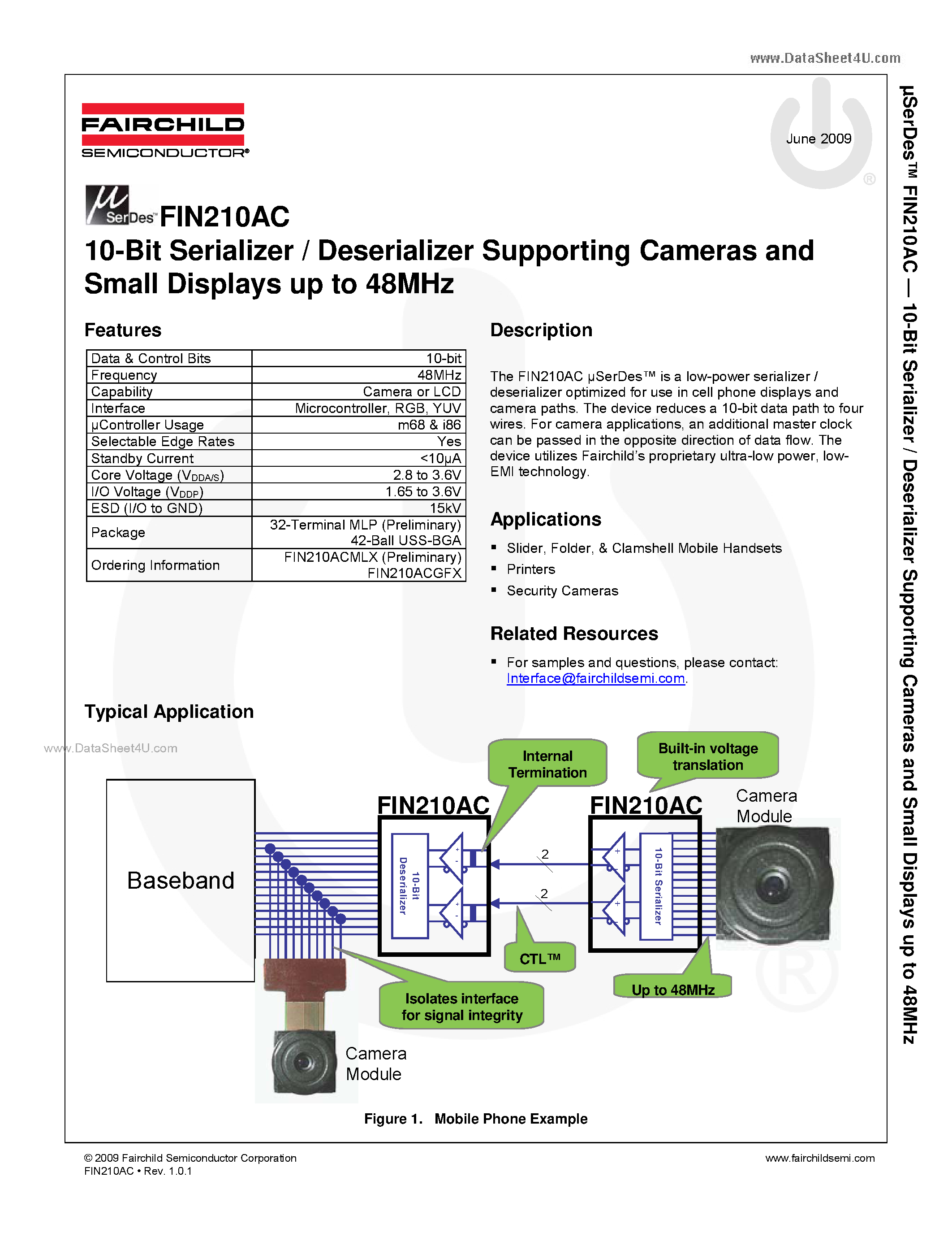 Даташит FIN210AC - 10-Bit Serializer / Deserializer Supporting Cameras and Small Displays up to 48MHz страница 1