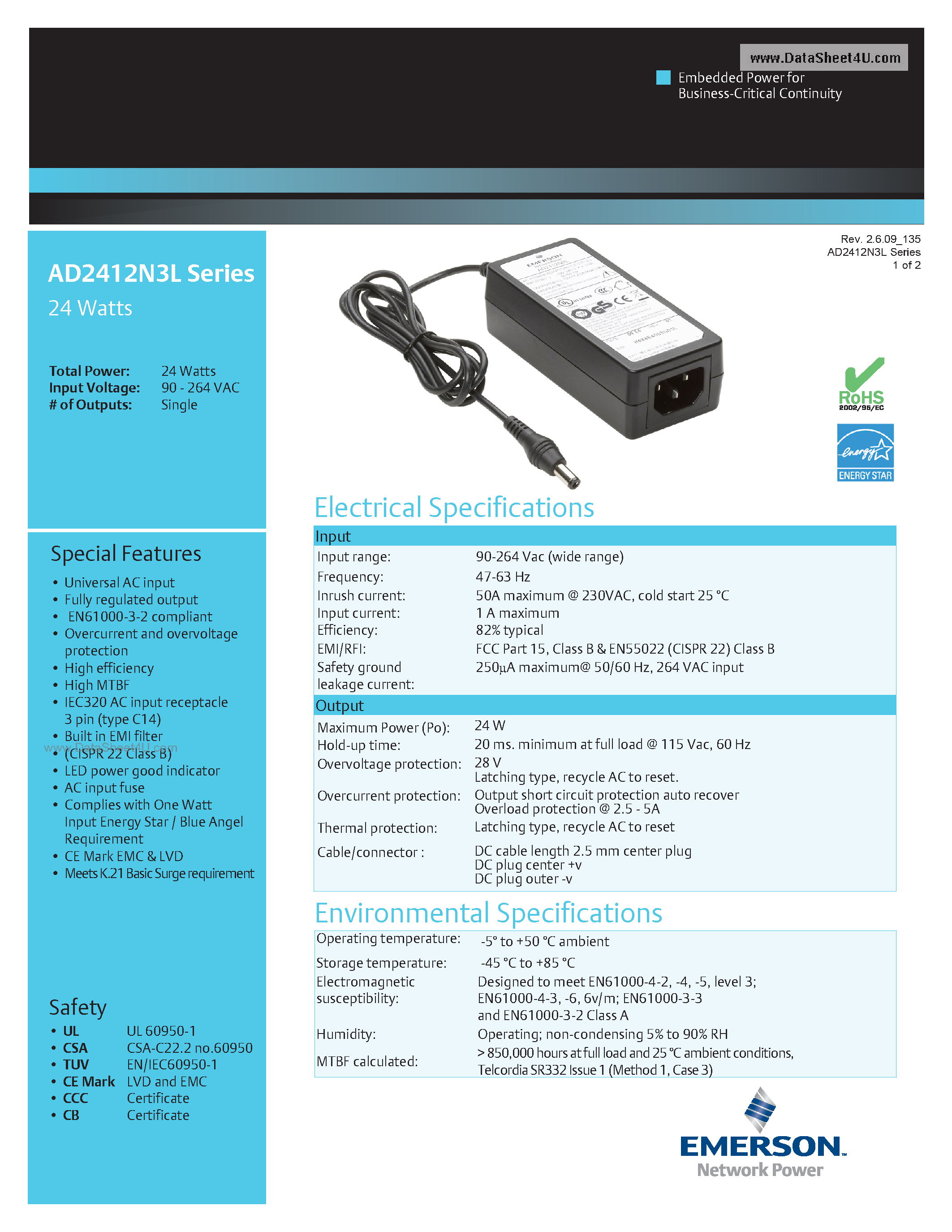 Datasheet AD2412N3L - AC-DC / External Freestanding Adapter page 1