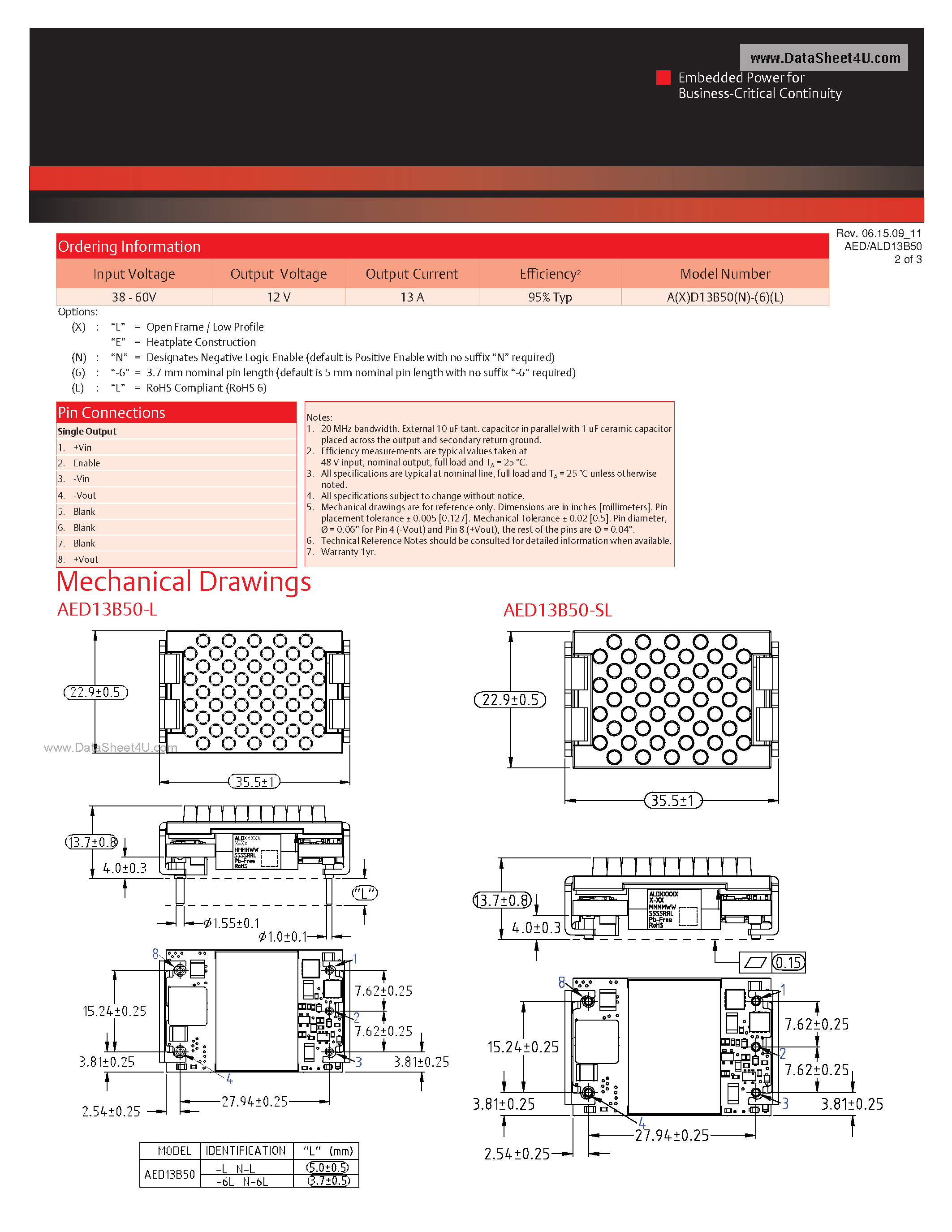 Datasheet AED13B50-L - DC-DC / Intermediate Bus Converter page 2