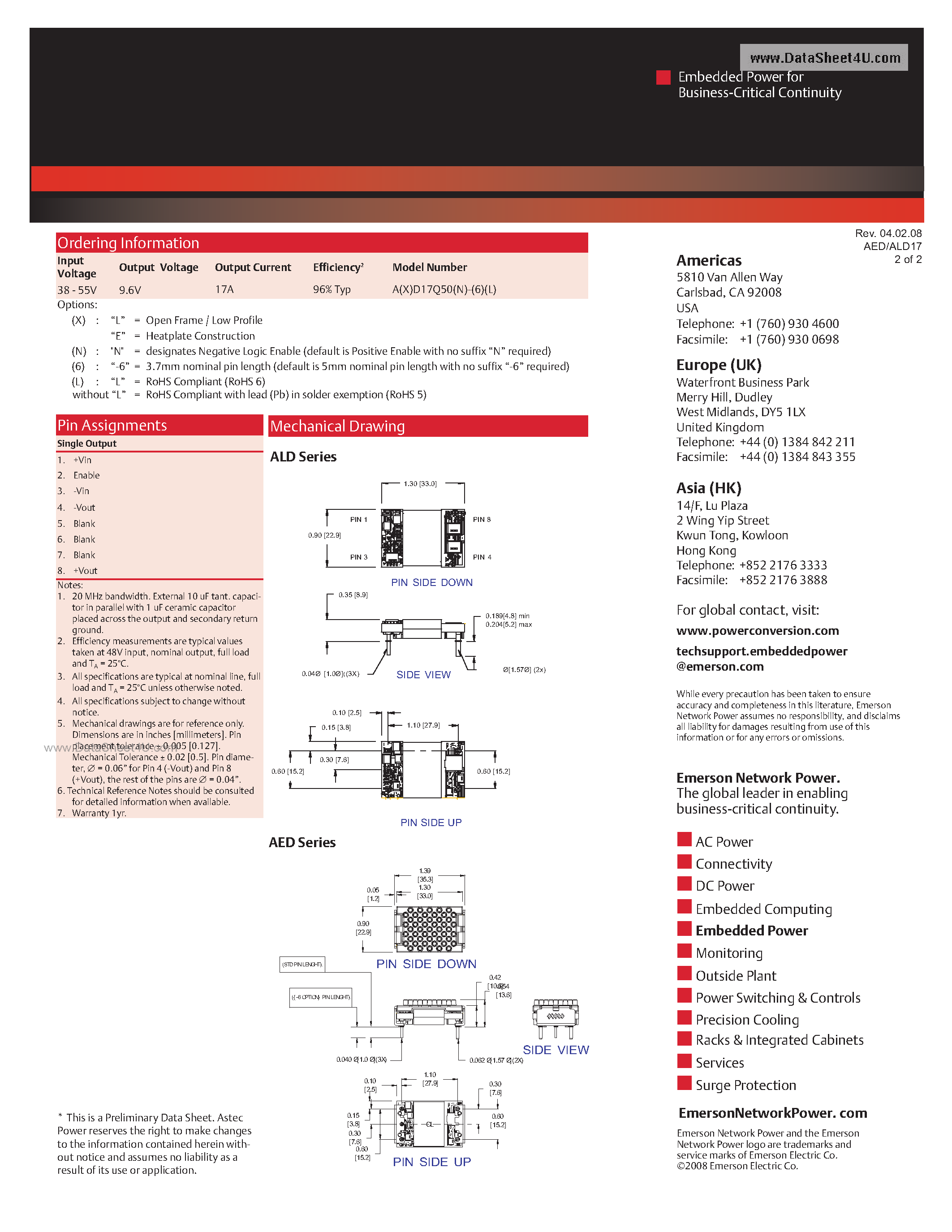 Даташит AED17Q50-6 - DC-DC / Intermediate Bus Converter страница 2