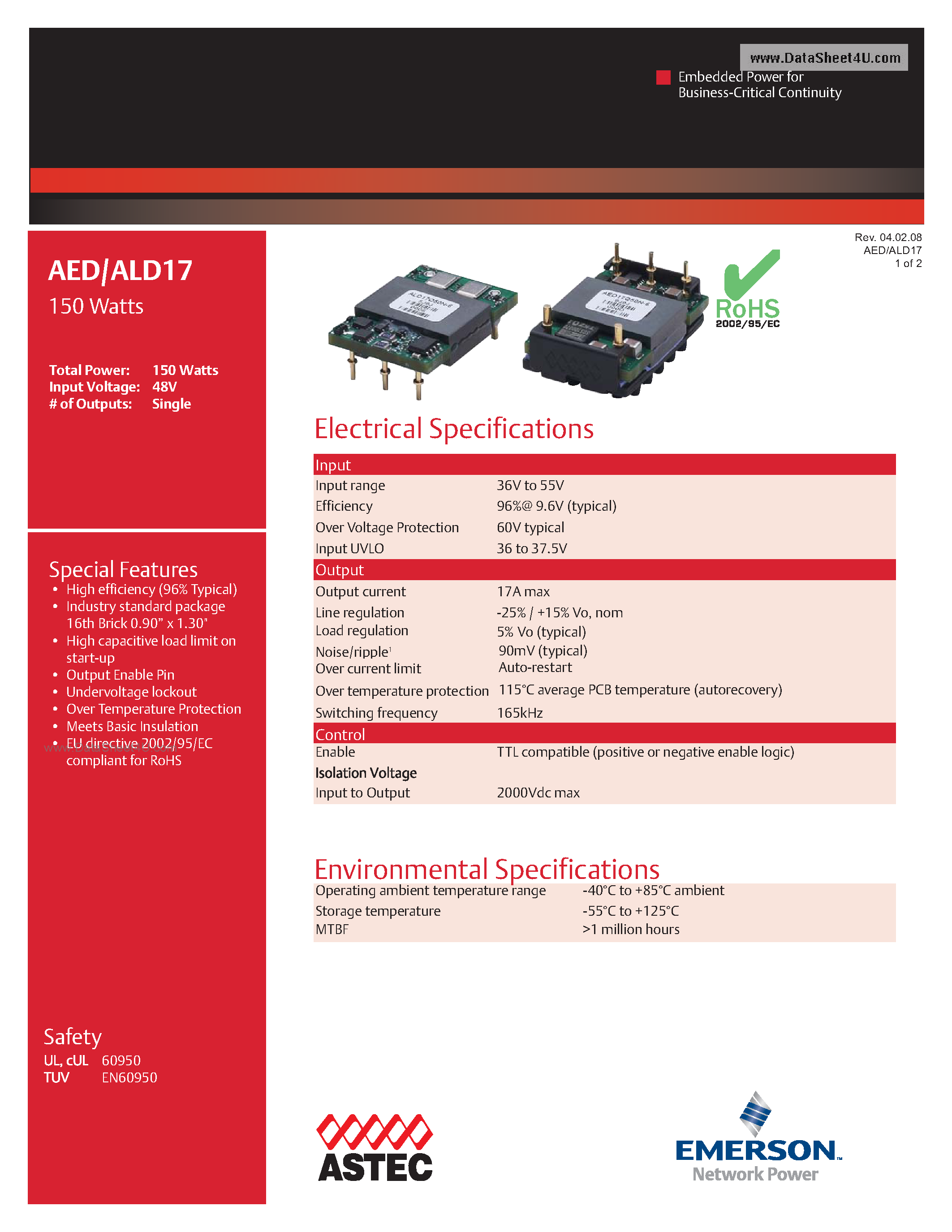 Datasheet AED17Q50-L - DC-DC / Intermediate Bus Converter page 1