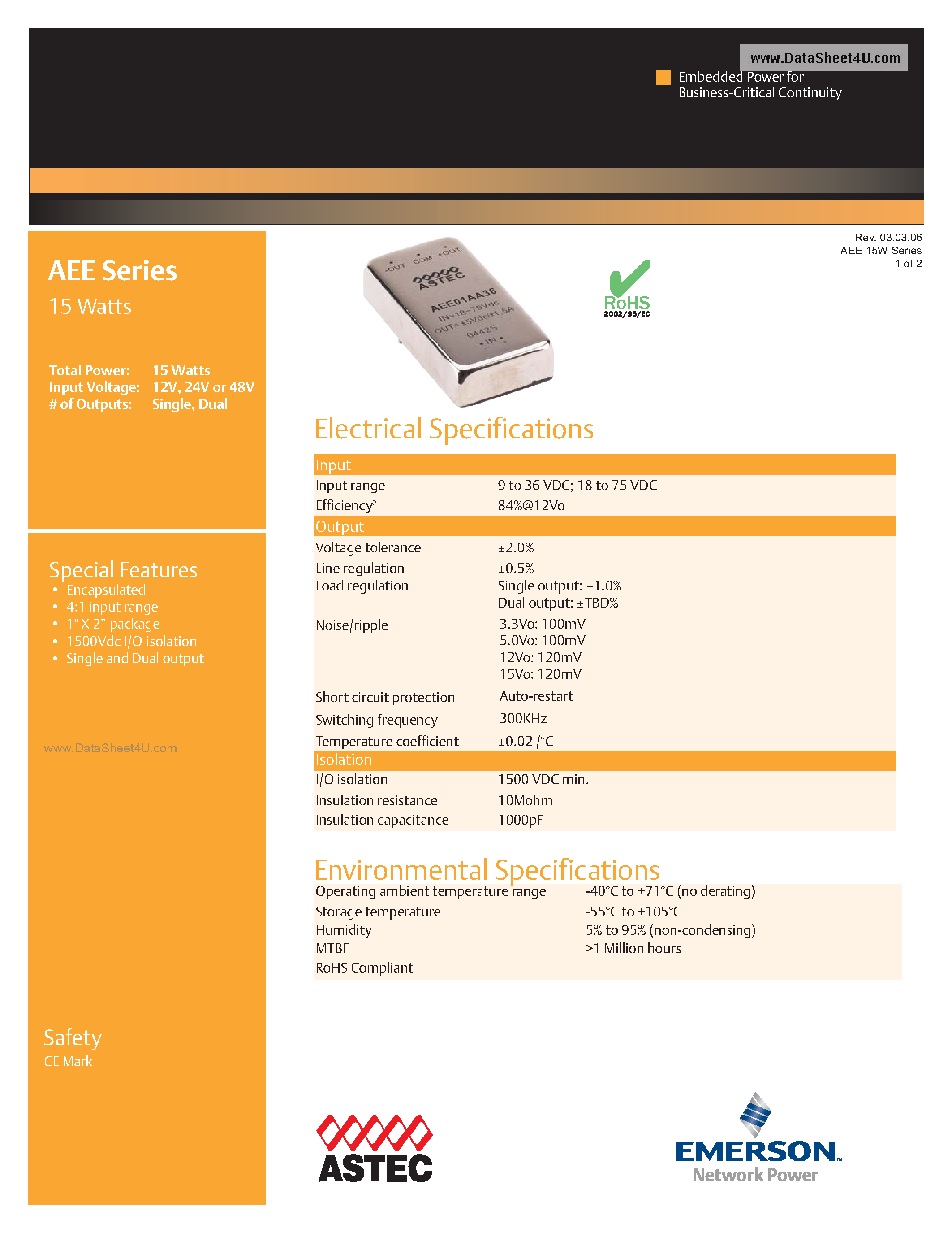 Datasheet AEE03A18-L - DC-DC / Low Power Isolated Industrial page 1