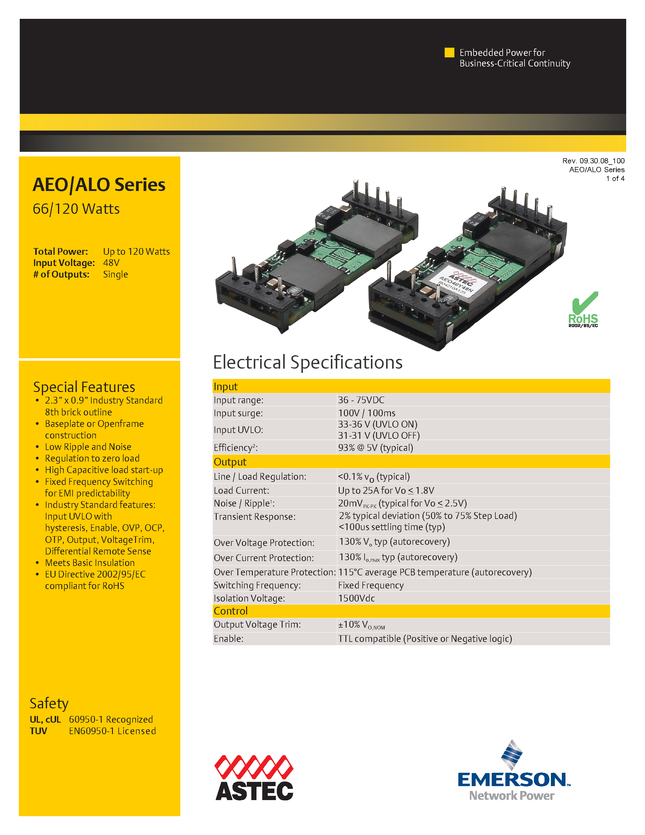 Даташит AEO04B48-6 - DC-DC / Industry Standard Isolated Eighth Brick страница 1