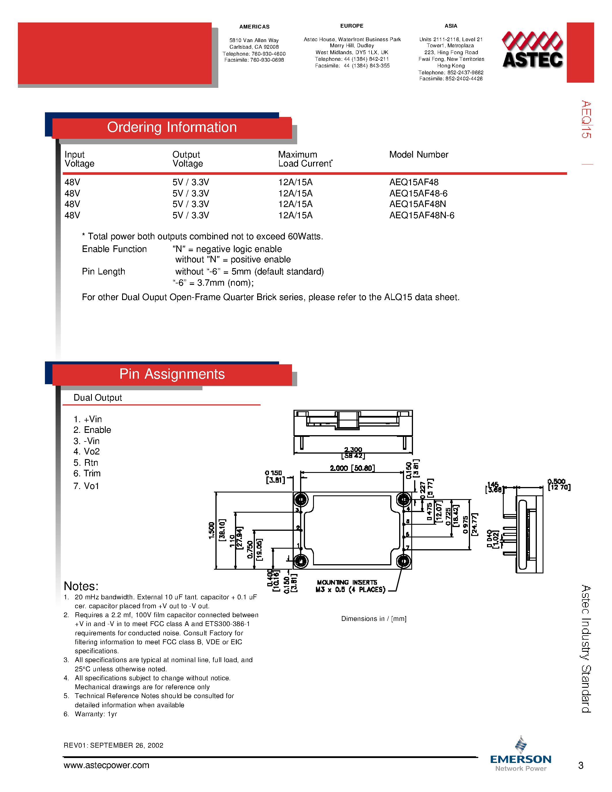 Даташит AEQ15AF48N-L - DC-DC / Industry Standard Isolated Quarter Brick страница 2