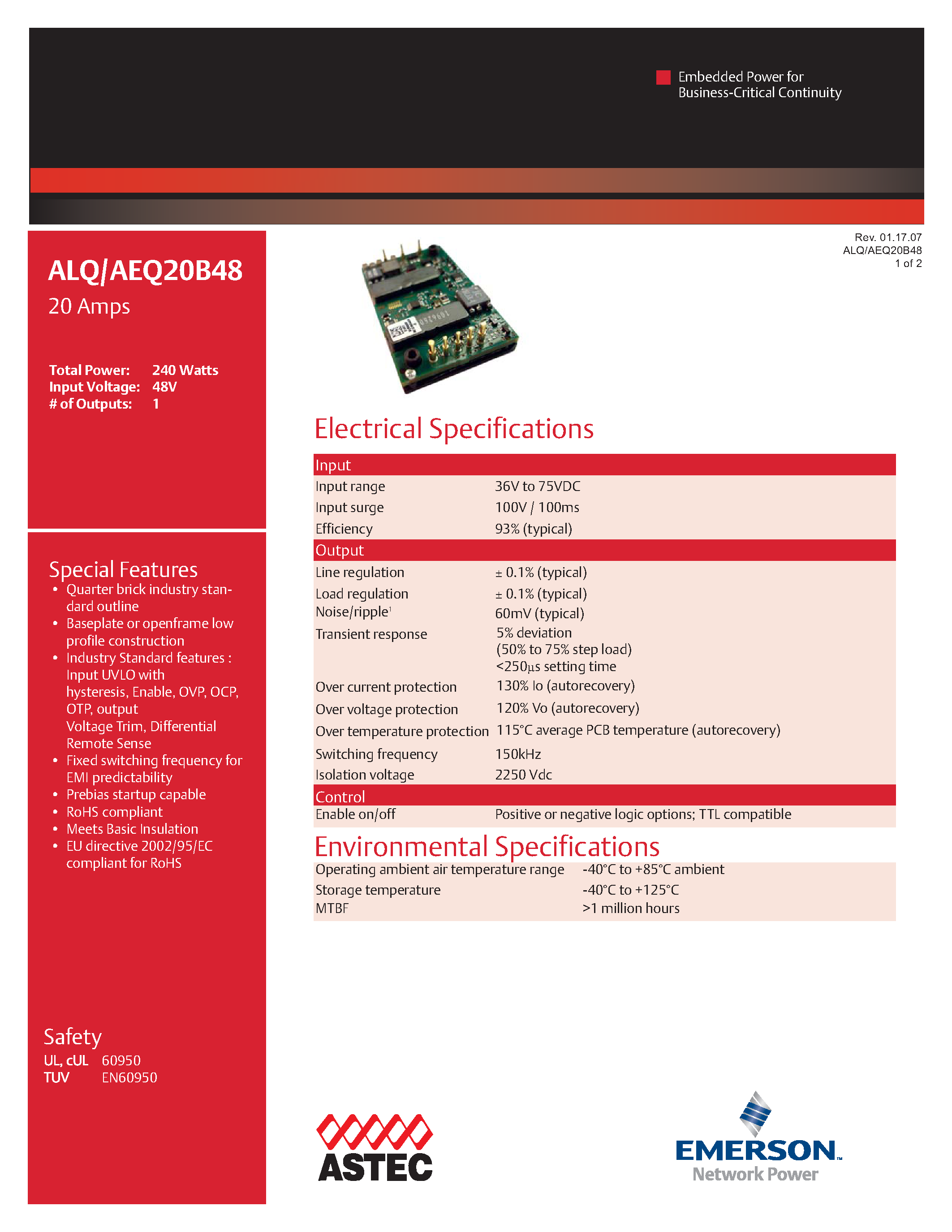 Datasheet AEQ20B48N-L - DC-DC / Industry Standard Isolated Quarter Brick page 1