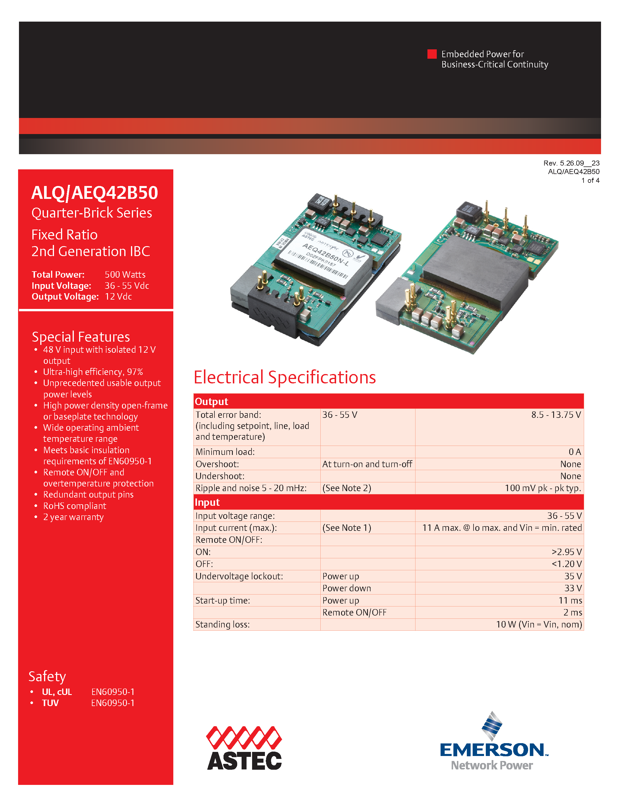 Даташит AEQ42B50N-L - DC-DC / Industry Standard Isolated Quarter Brick страница 1