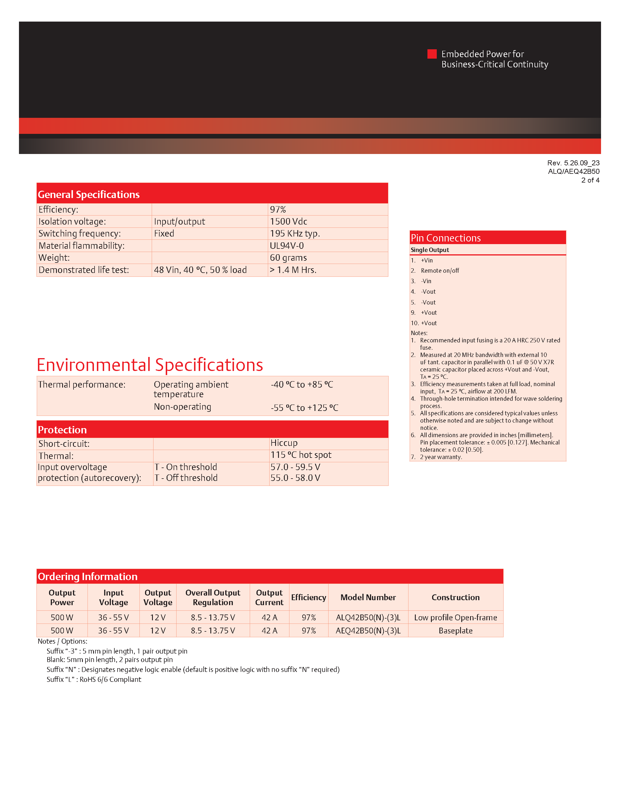 Даташит AEQ42B50N-L - DC-DC / Industry Standard Isolated Quarter Brick страница 2