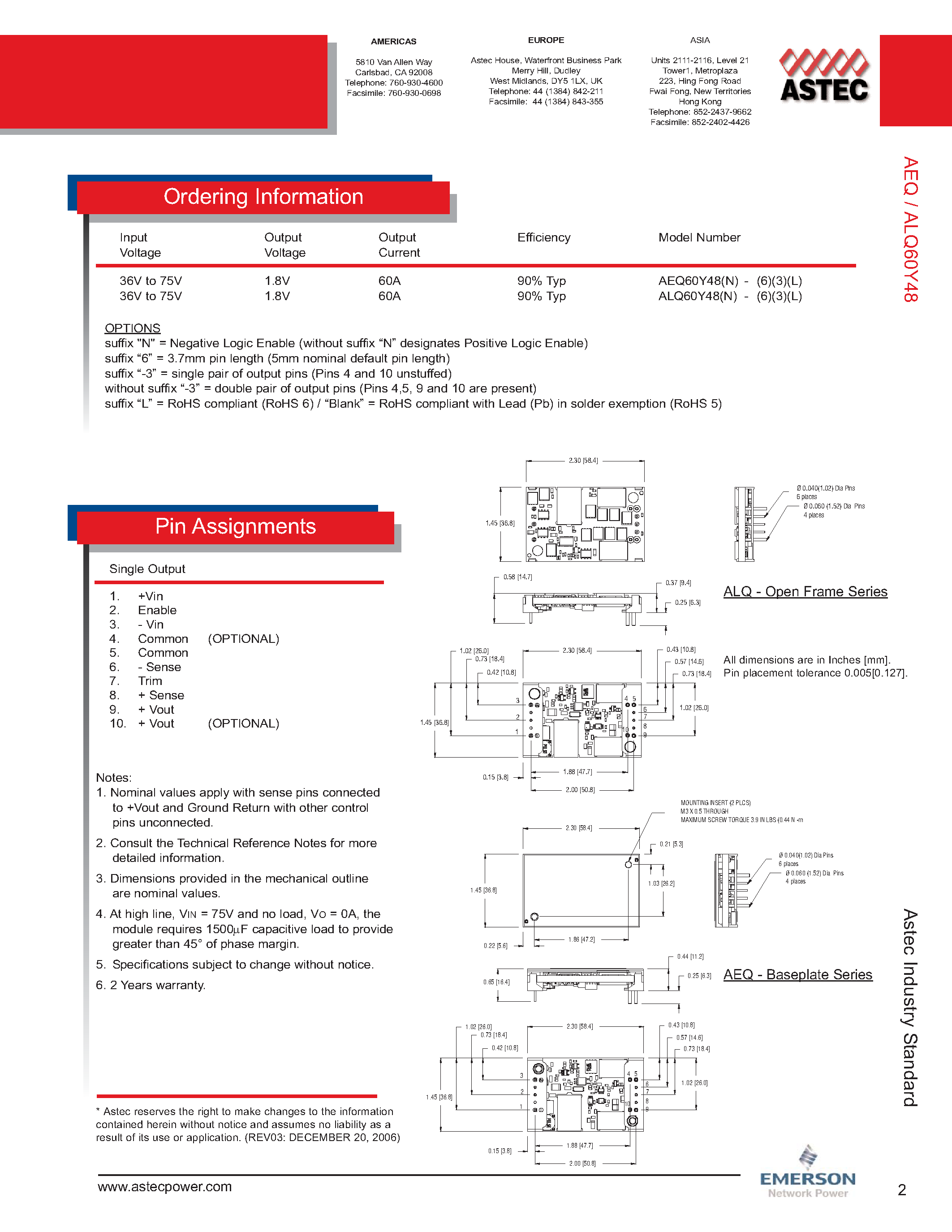 Даташит AEQ60Y48-6 - DC-DC / Industry Standard Isolated Quarter Brick страница 2