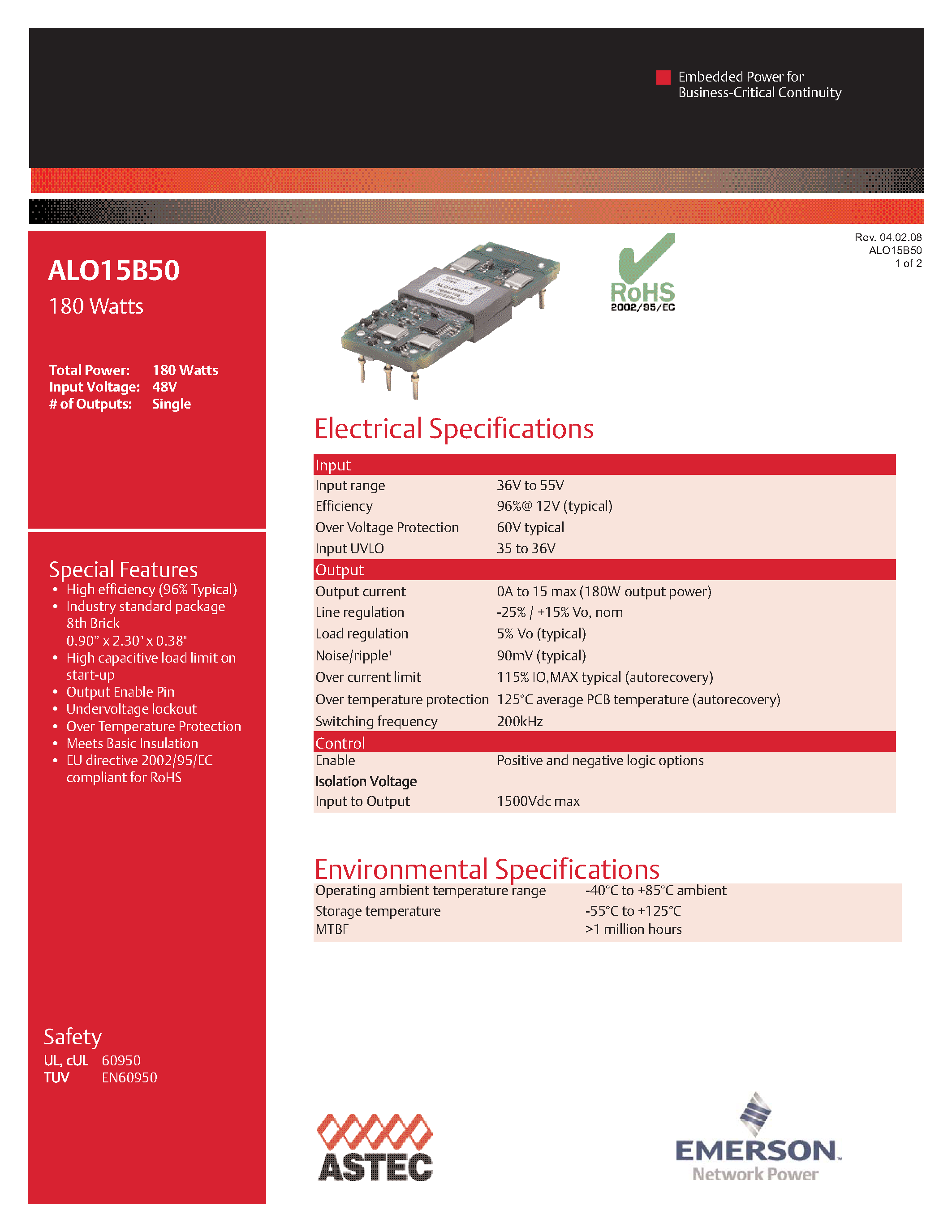 Даташит ALO15B50-6 - DC-DC / Industry Standard Isolated Eighth Brick страница 1