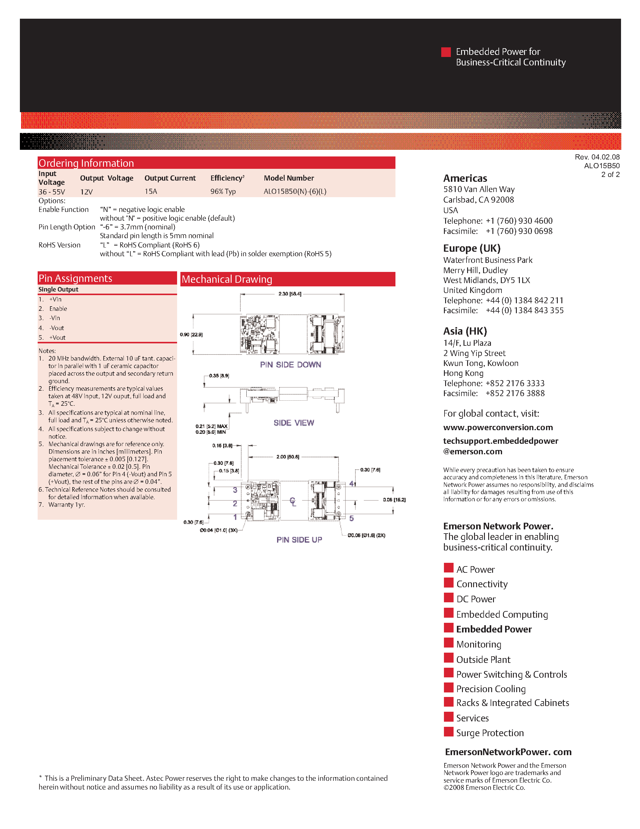 Даташит ALO15B50-6 - DC-DC / Industry Standard Isolated Eighth Brick страница 2