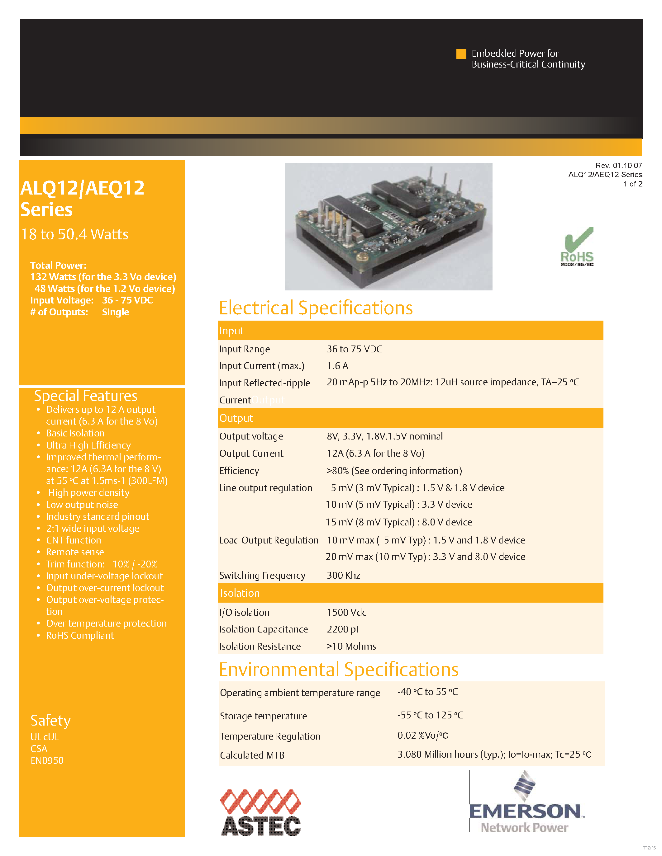 Datasheet ALQ12K48N-L - DC-DC / Industry Standard Isolated Quarter Brick page 1