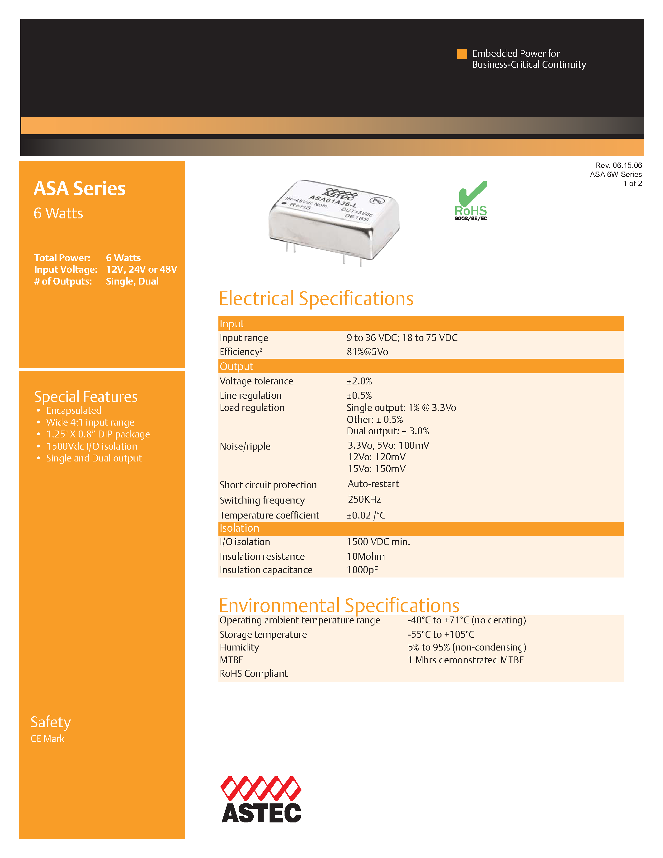 Даташит ASA00C18-L - DC-DC / Low Power Isolated Industrial страница 1