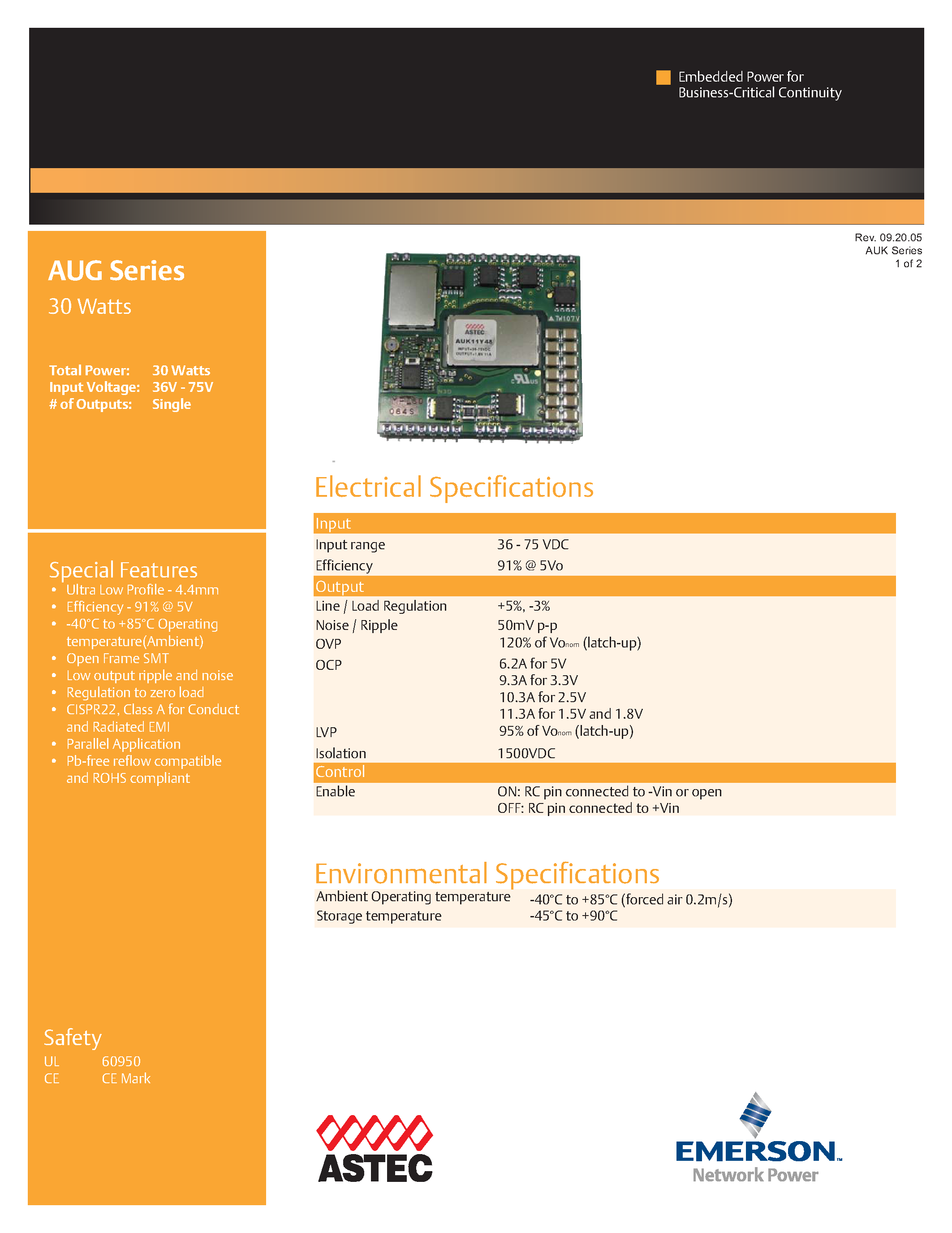 Datasheet AUK06A48-L - DC-DC / Ultra Low Profile Isolated page 1