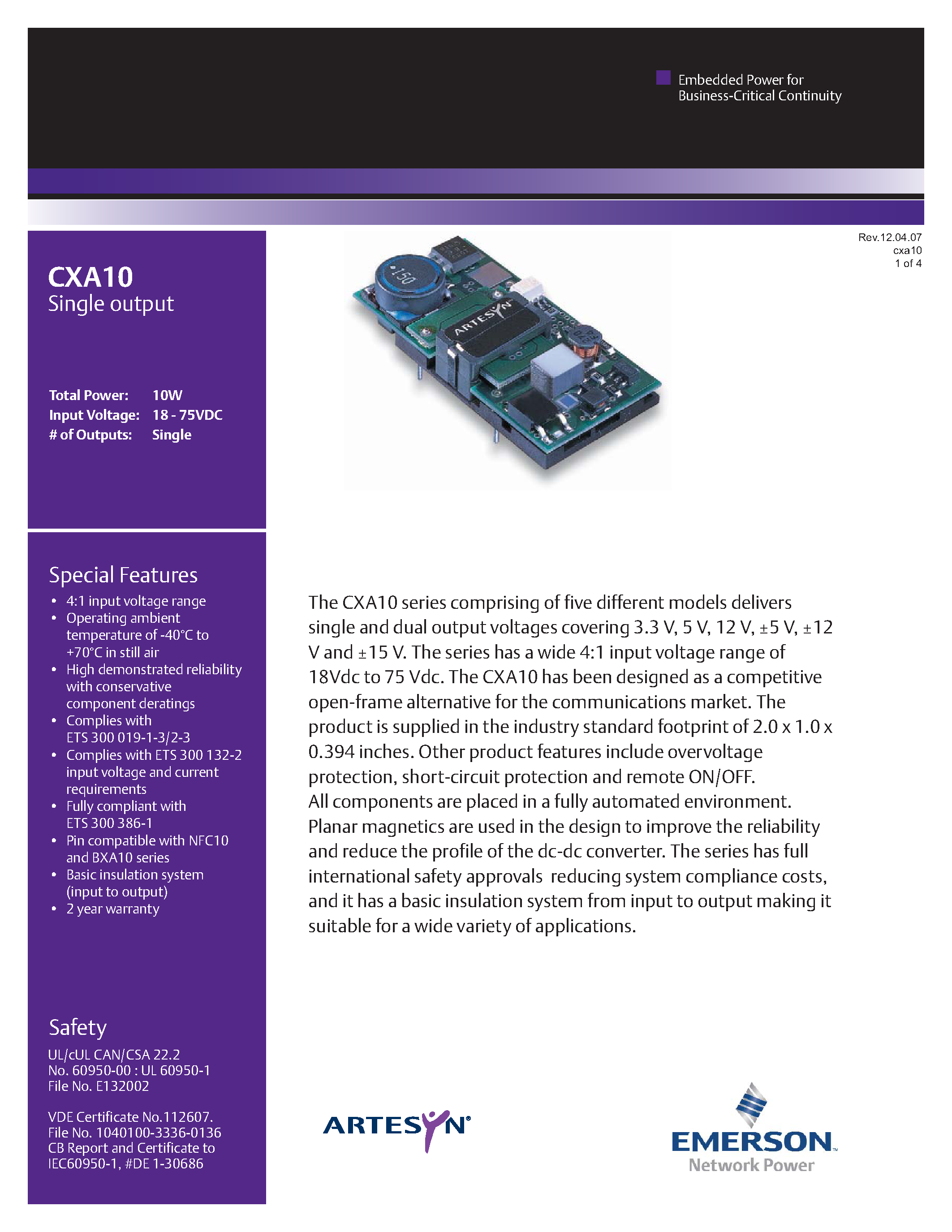 Даташит CXA10-48S05Y - DC-DC / Low Power Isolated Industrial страница 1