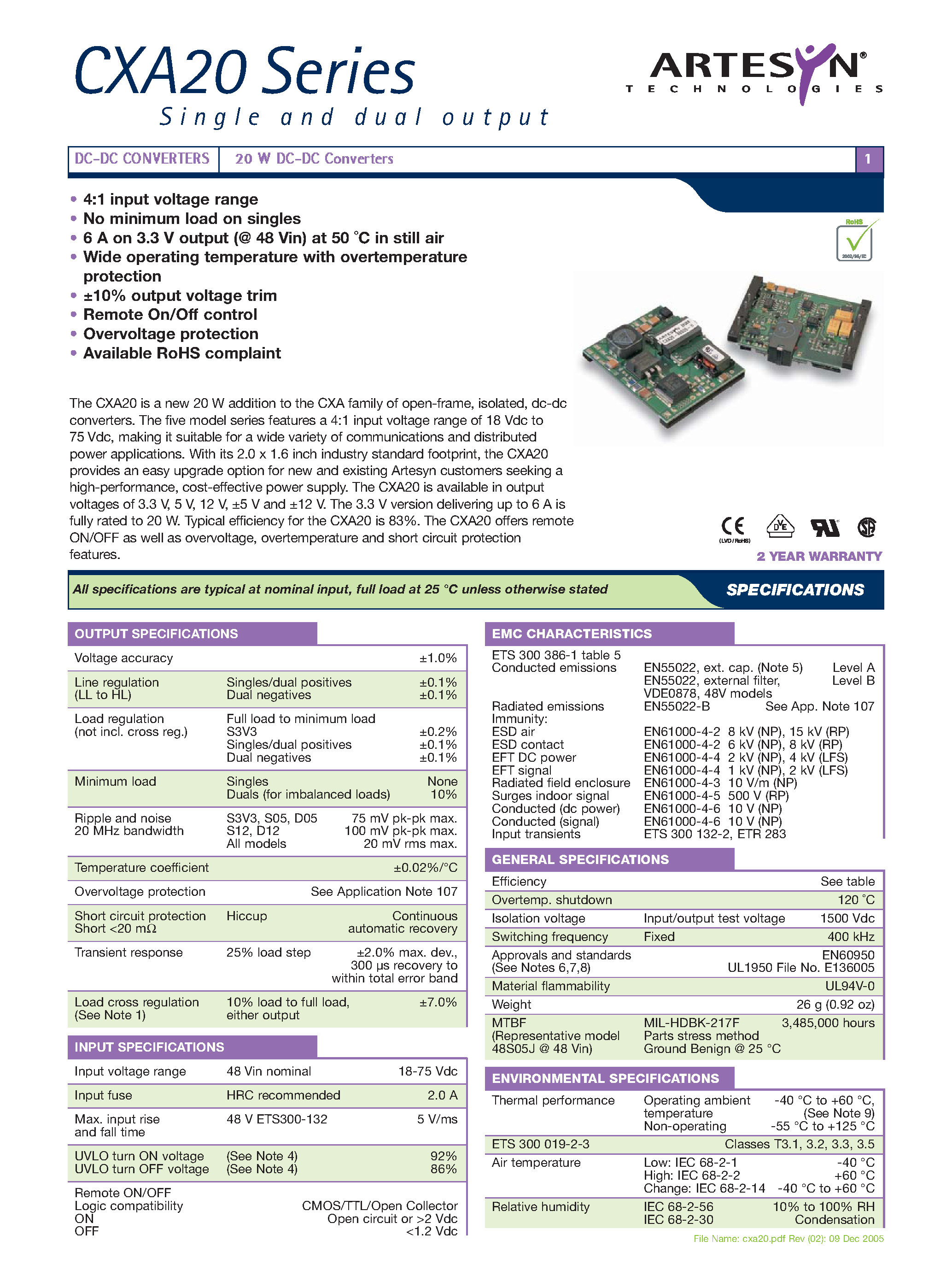 Datasheet CXA20-48D05J - DC-DC / Low Power Isolated Industrial page 1