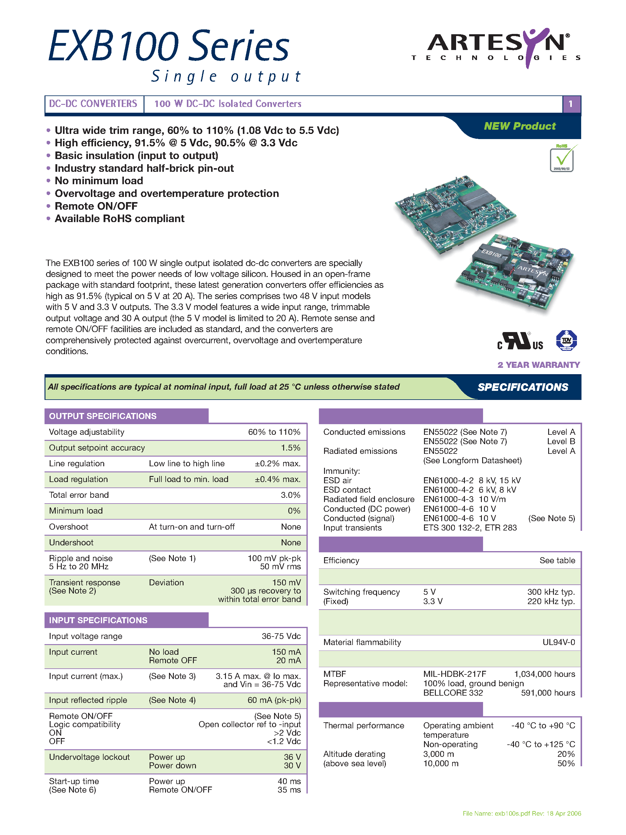 Datasheet EXB100-48S05-R - DC-DC / Industry Standard Isolated Half Brick page 1