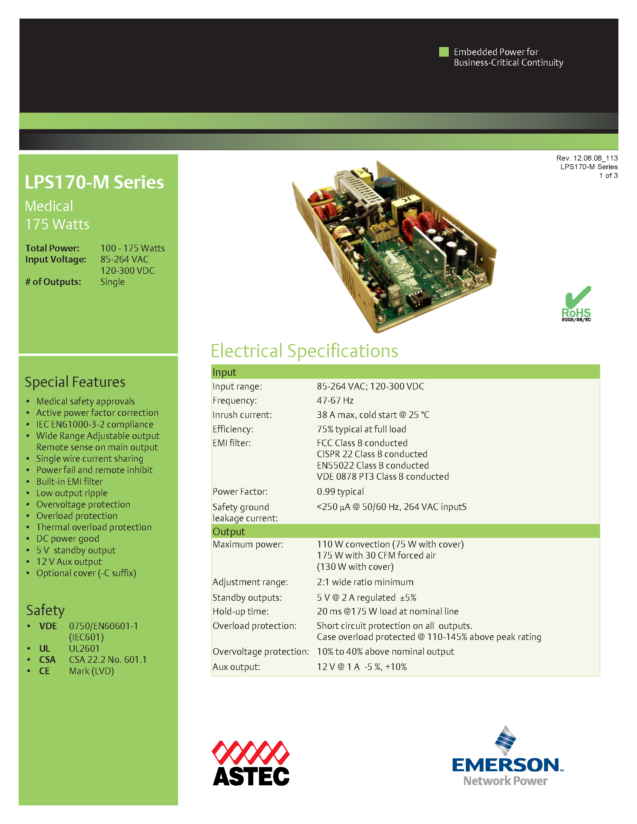 Datasheet LPS172-M-C - AC-DC / 136W - 260W Medical page 1