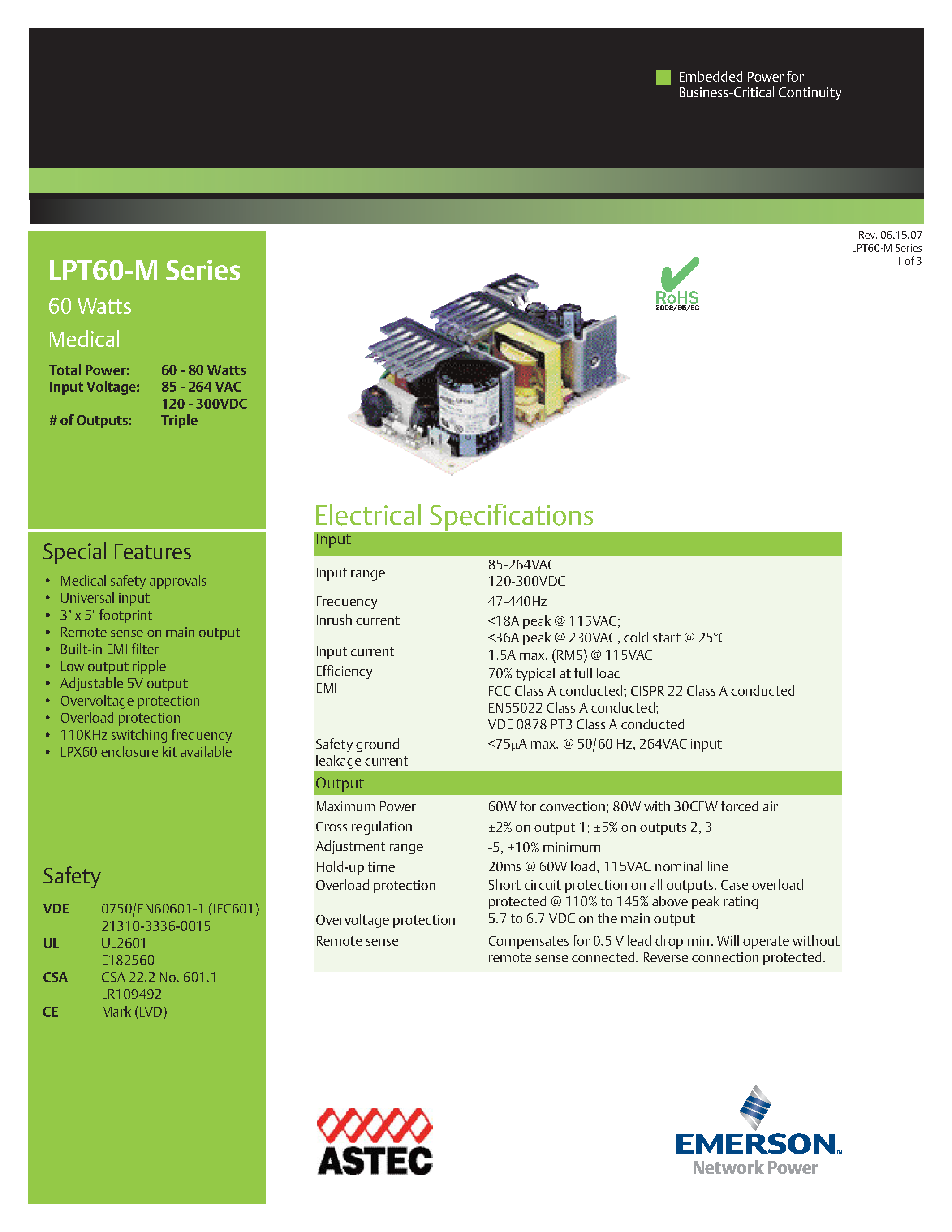 Datasheet LPT62-M - AC-DC / 10W - 85W Medical page 1