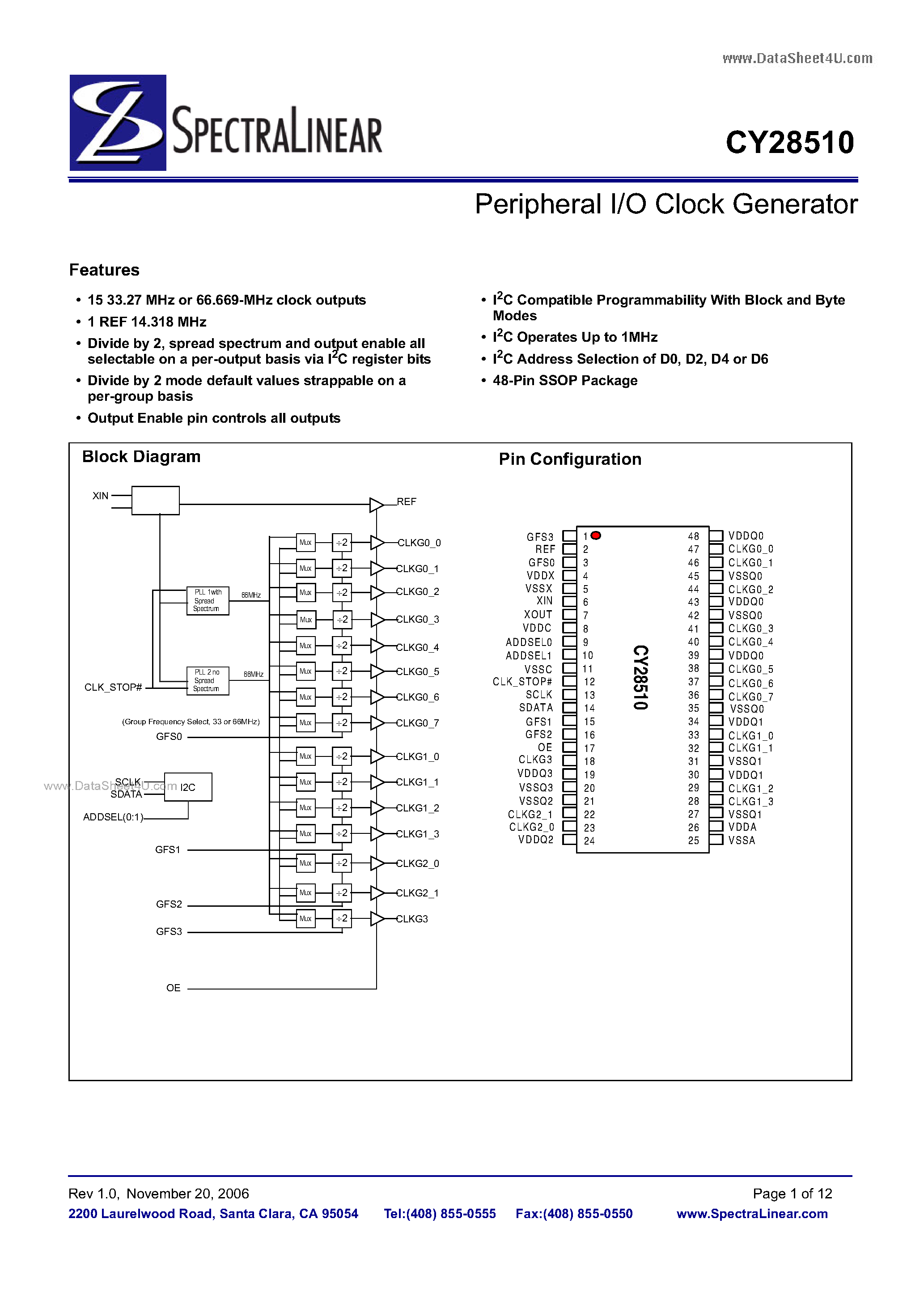 Даташит CY28510 - Peripheral I/O Clock Generator страница 1