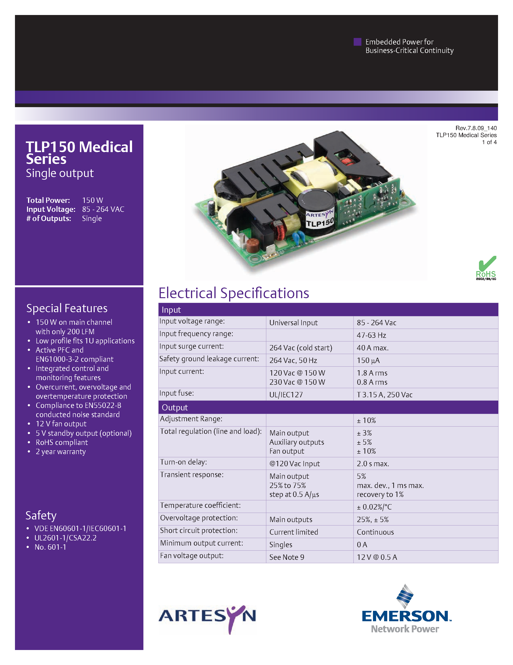 Даташит TLP150N-99S12J - AC-DC / 136W - 260W Medical страница 1