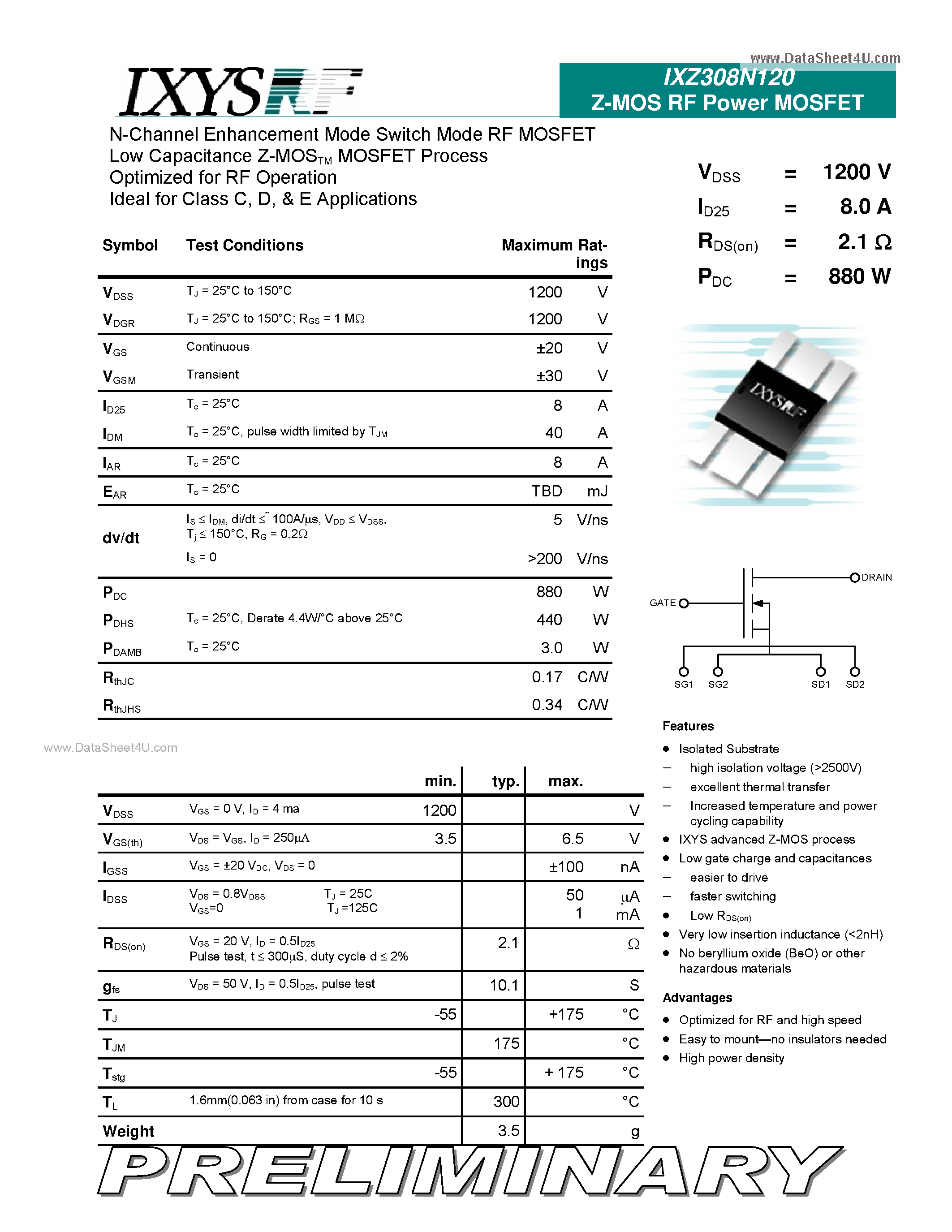 Даташит IXZ308N120 - Z-MOS RF Power MOSFET страница 1