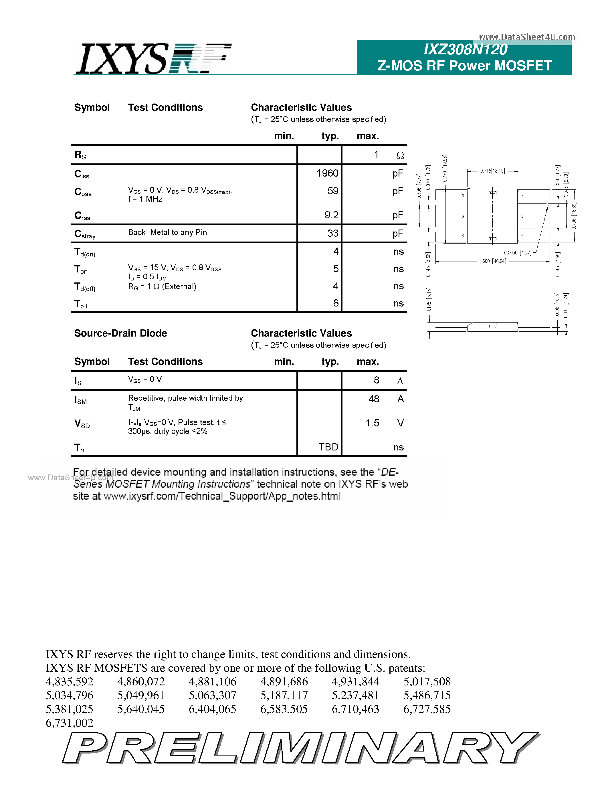 Даташит IXZ308N120 - Z-MOS RF Power MOSFET страница 2