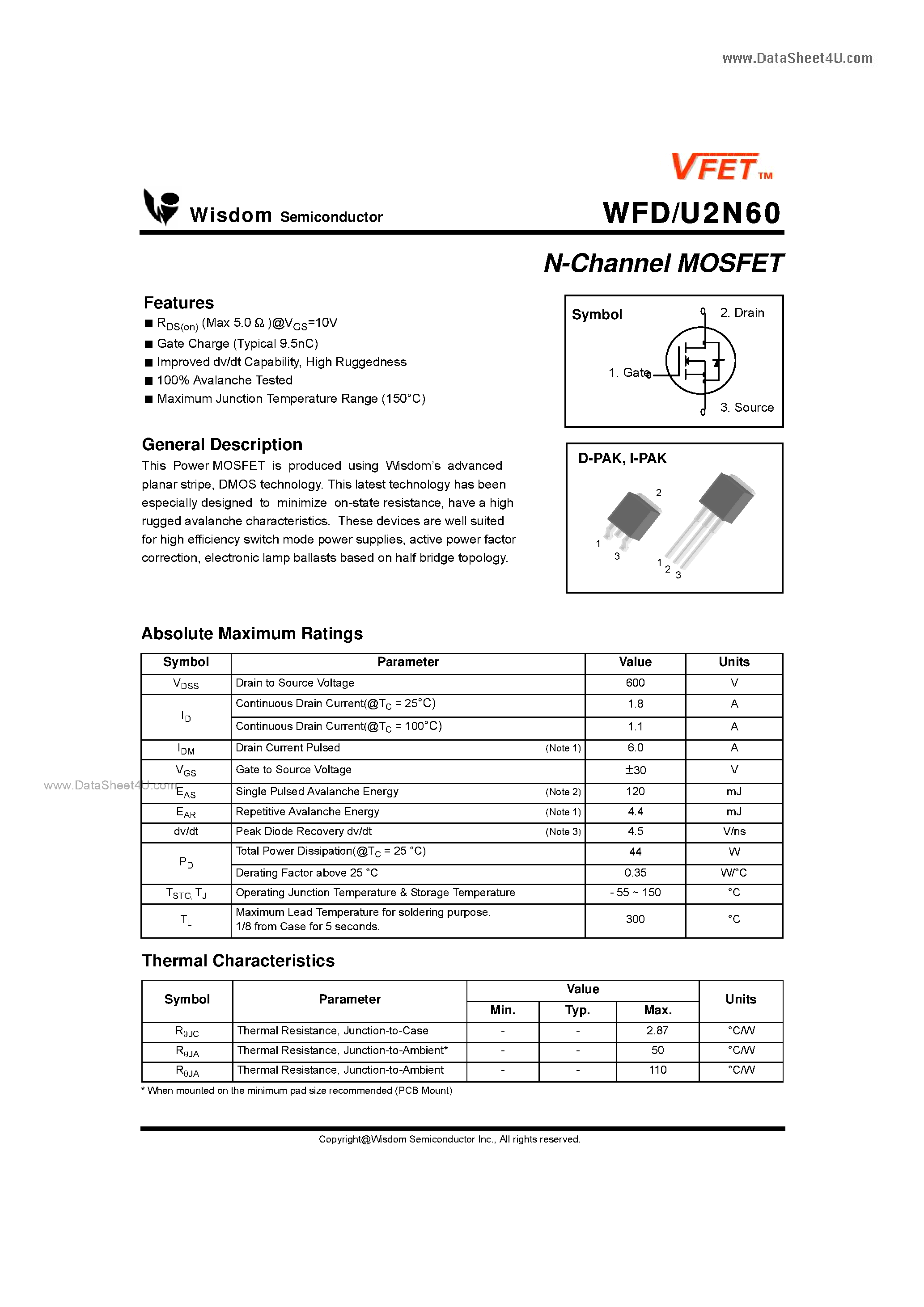 Даташит WFD2N60 - N-Channel MOSFET страница 1