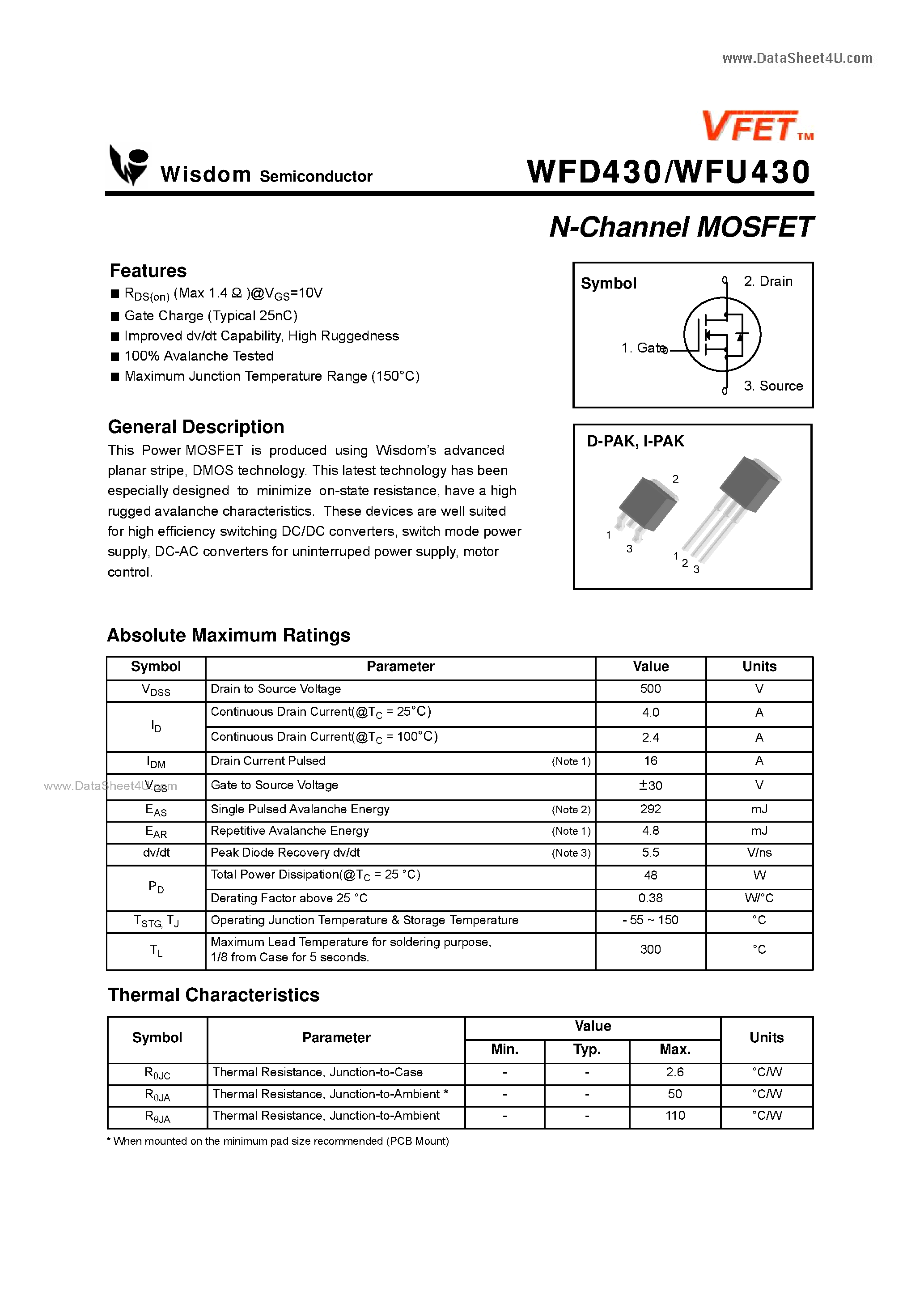 Даташит WFD430 - N-Channel MOSFET страница 1