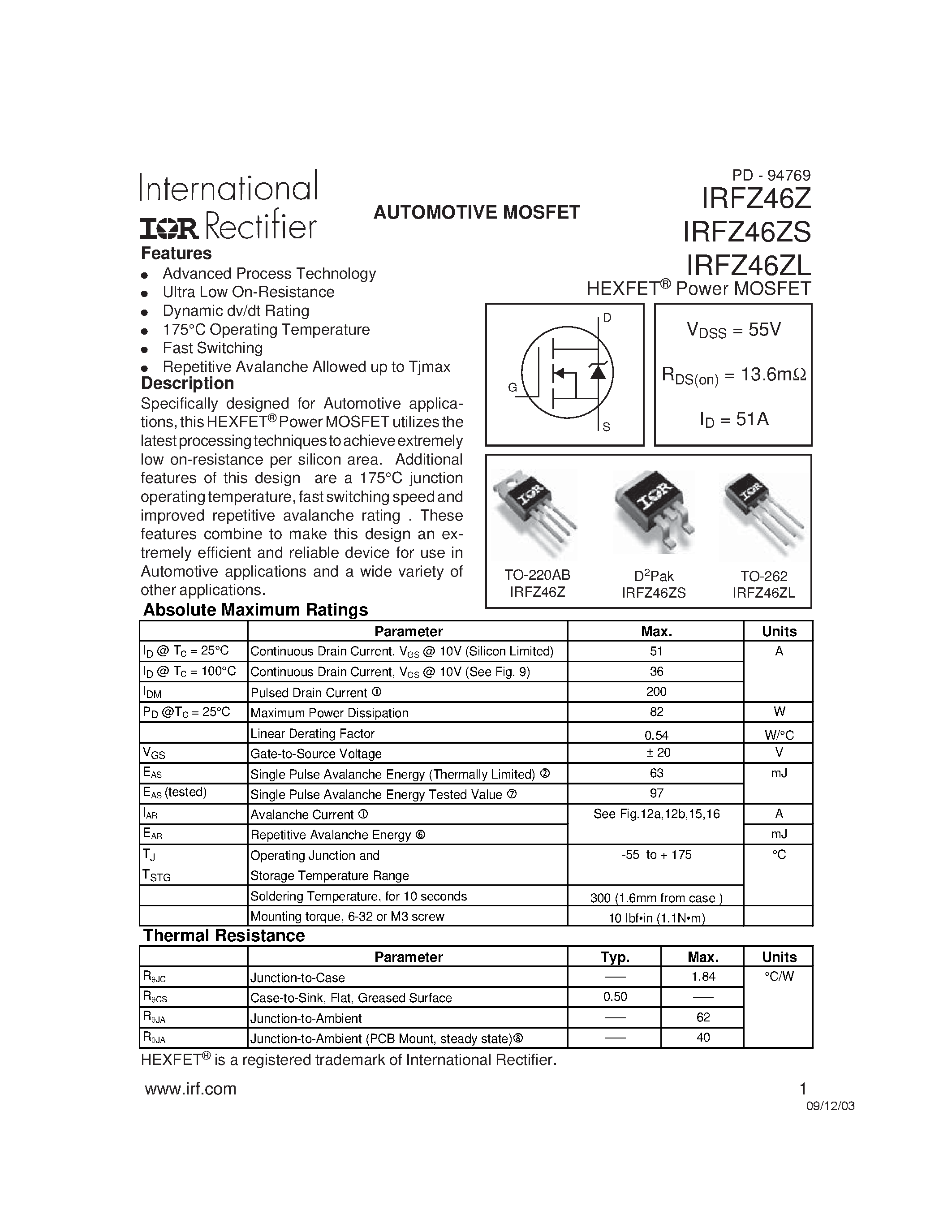 Даташит IRFZ46Z - AUTOMOTIVE MOSFET страница 1