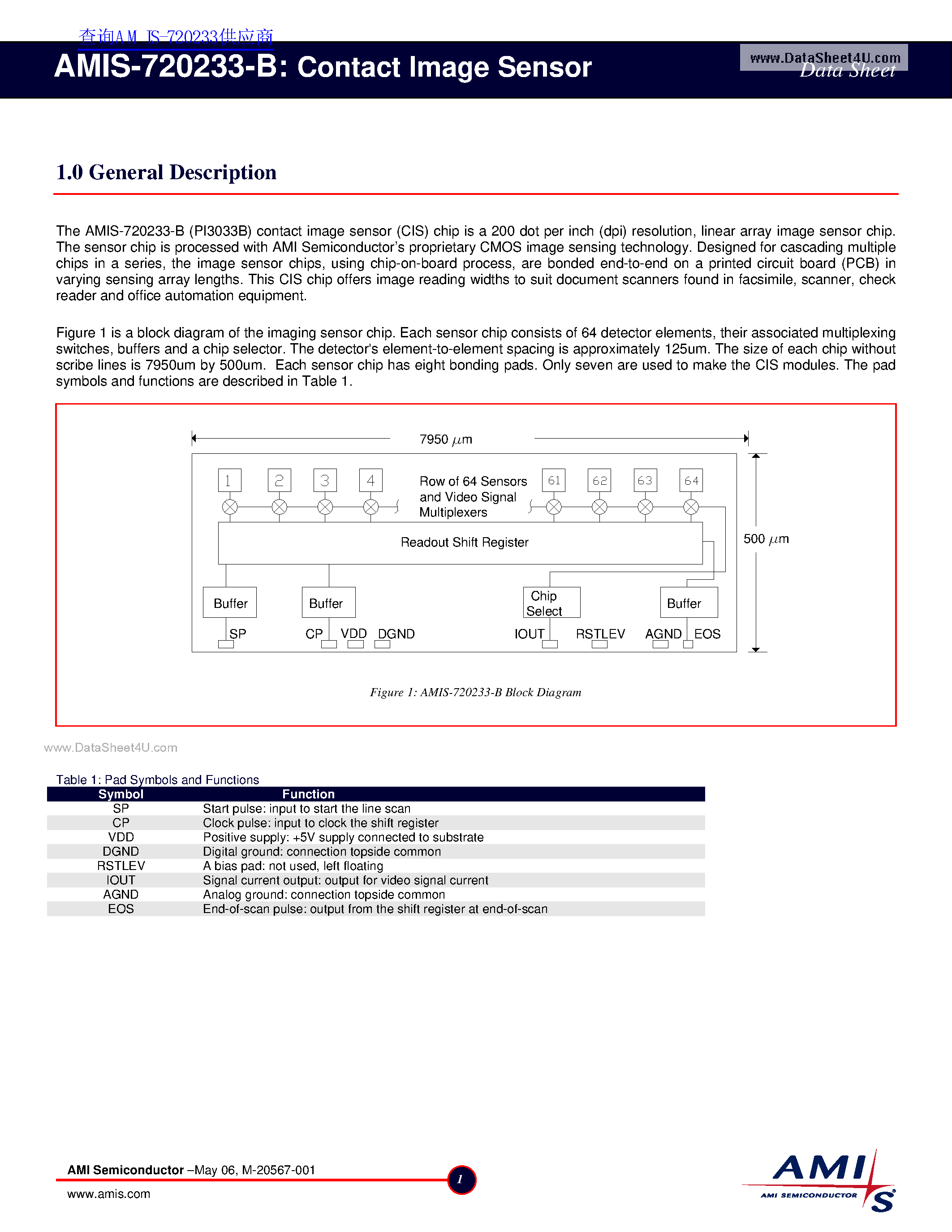 Datasheet AMIS-720233-B - Image Sensor page 1