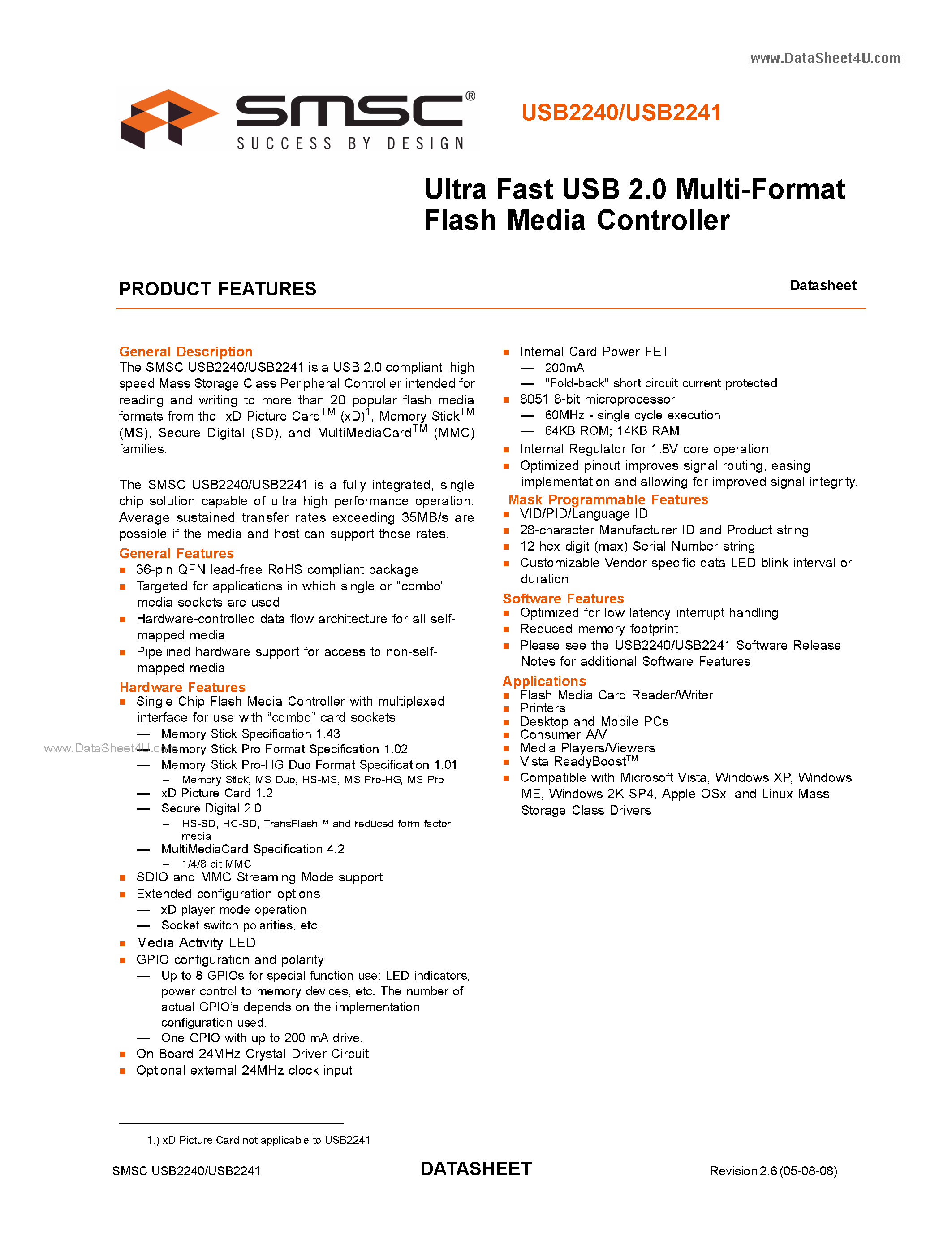 Даташит USB2240 - (USB2240 / USB2241) Ultra Fast USB 2.0 Multi-Format Flash Media Controller страница 1