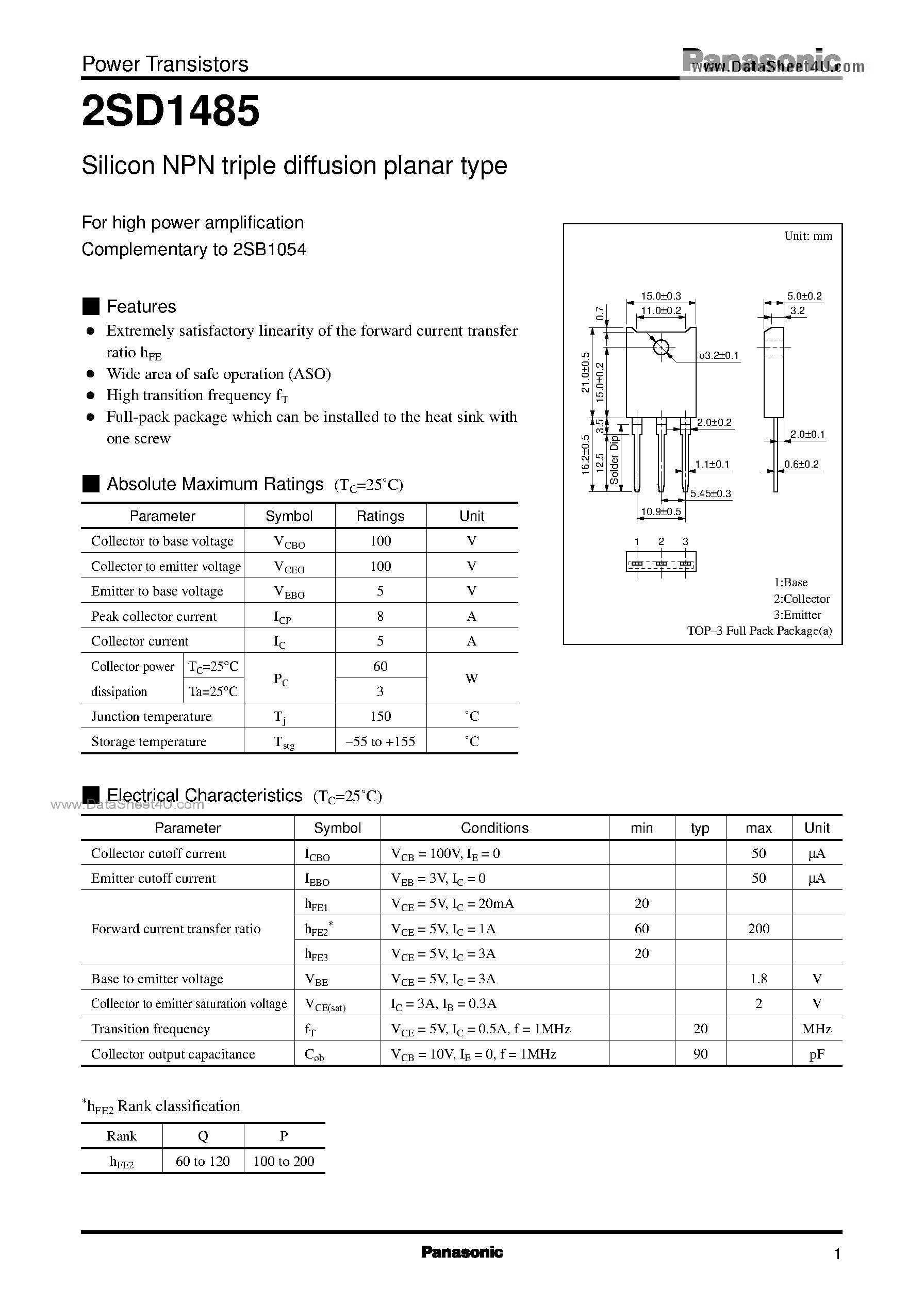 Datasheet D1485 - Search -----> 2SD1485 page 1