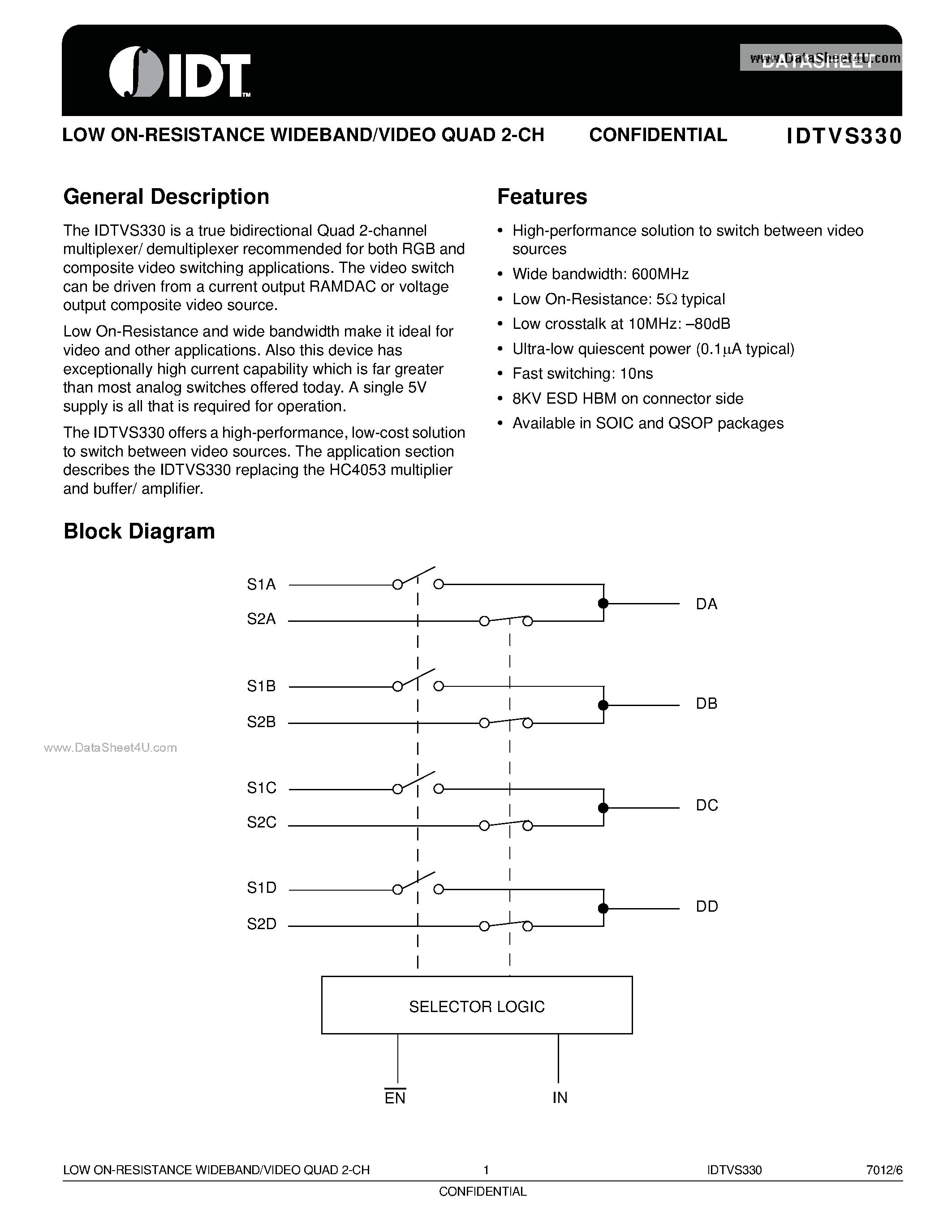 Datasheet IDTVS330 - LOW ON-RESISTANCE WIDEBAND/VIDEO QUAD 2-CH page 1