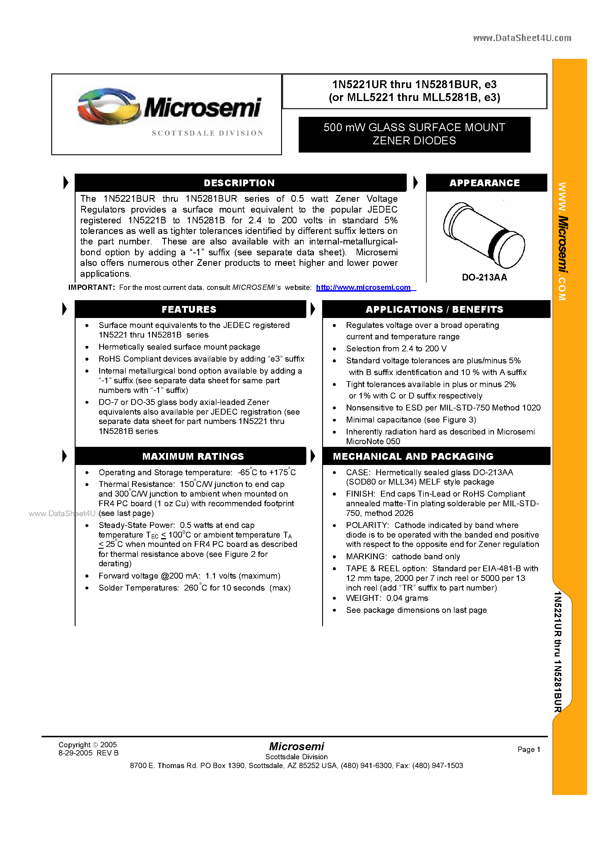 Datasheet 1N5221UR - 500 mW GLASS SURFACE MOUNT ZENER DIODES page 1