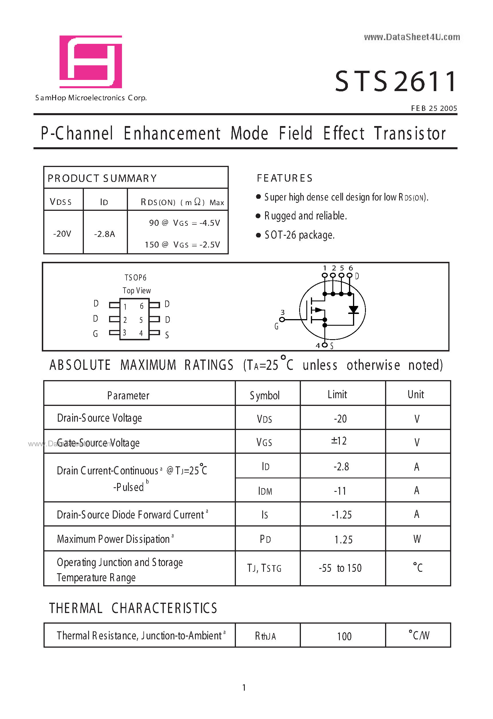 Datasheet STS2611 - P-Channel E nhancement Mode Field Effect Transistor page 1