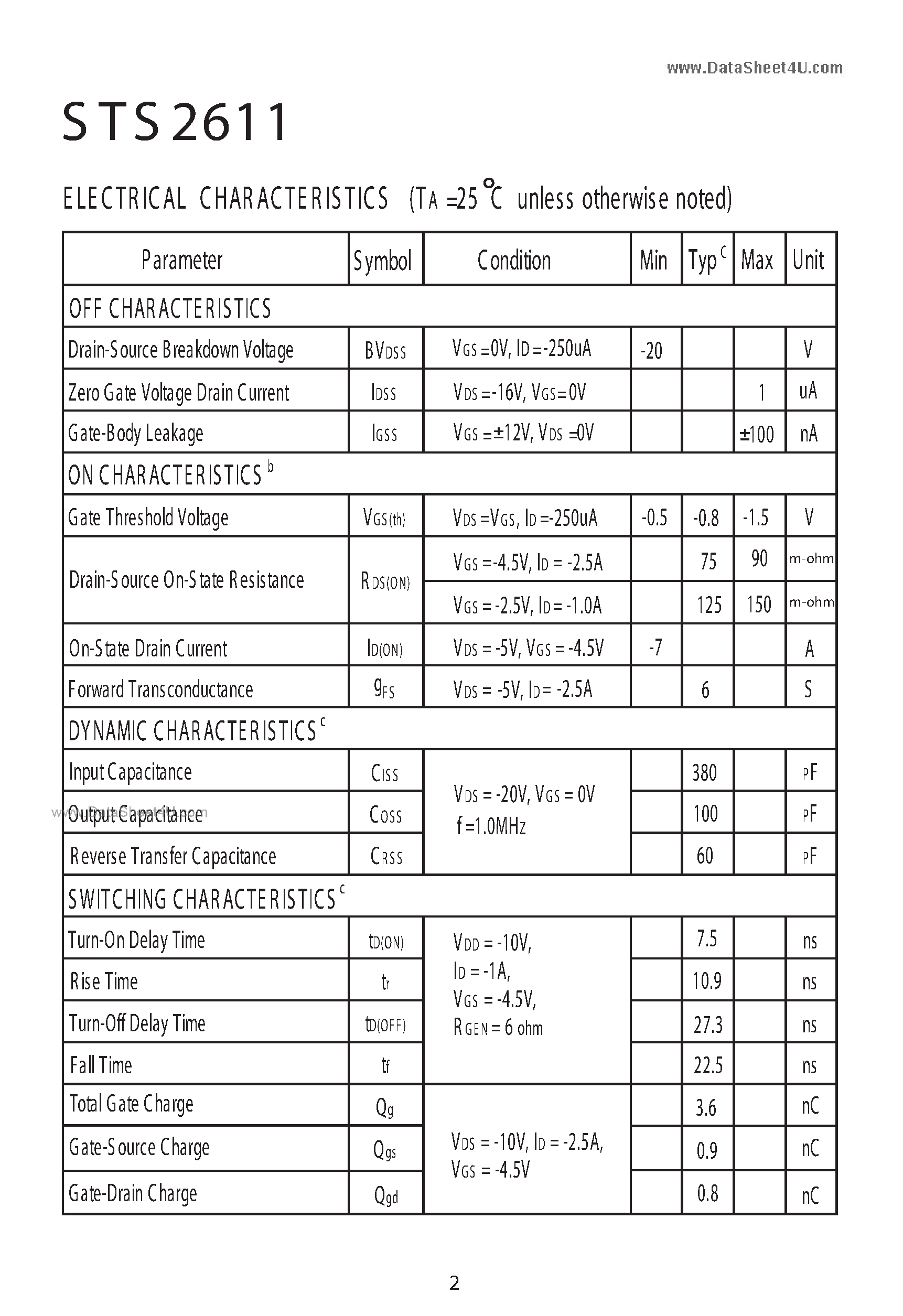 Datasheet STS2611 - P-Channel E nhancement Mode Field Effect Transistor page 2