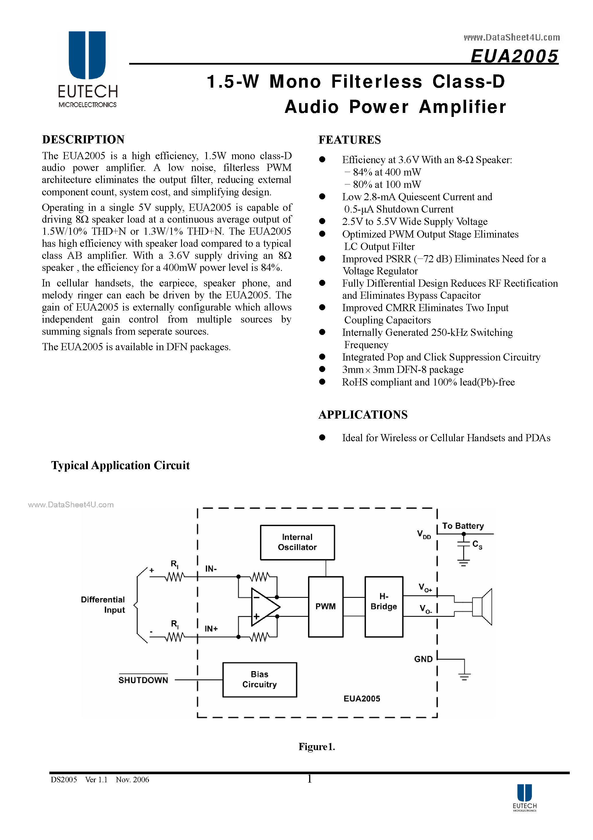 Даташит EUA2005 - 1.5-W Mono Filterless Class-D Audio Power Amplifier страница 1