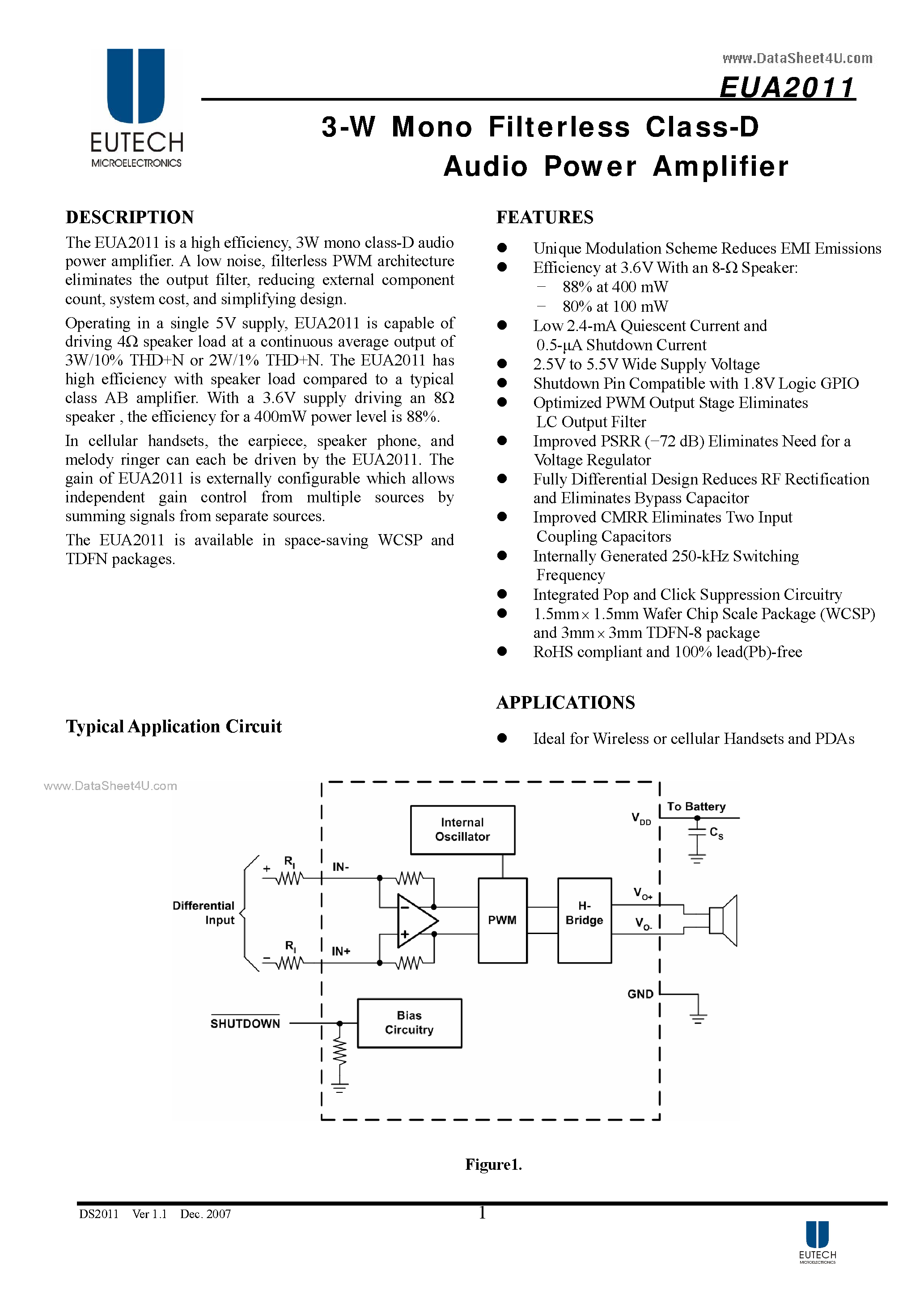 Даташит EUA2011 - 3-W Mono Filterless Class-D Audio Power Amplifier страница 1