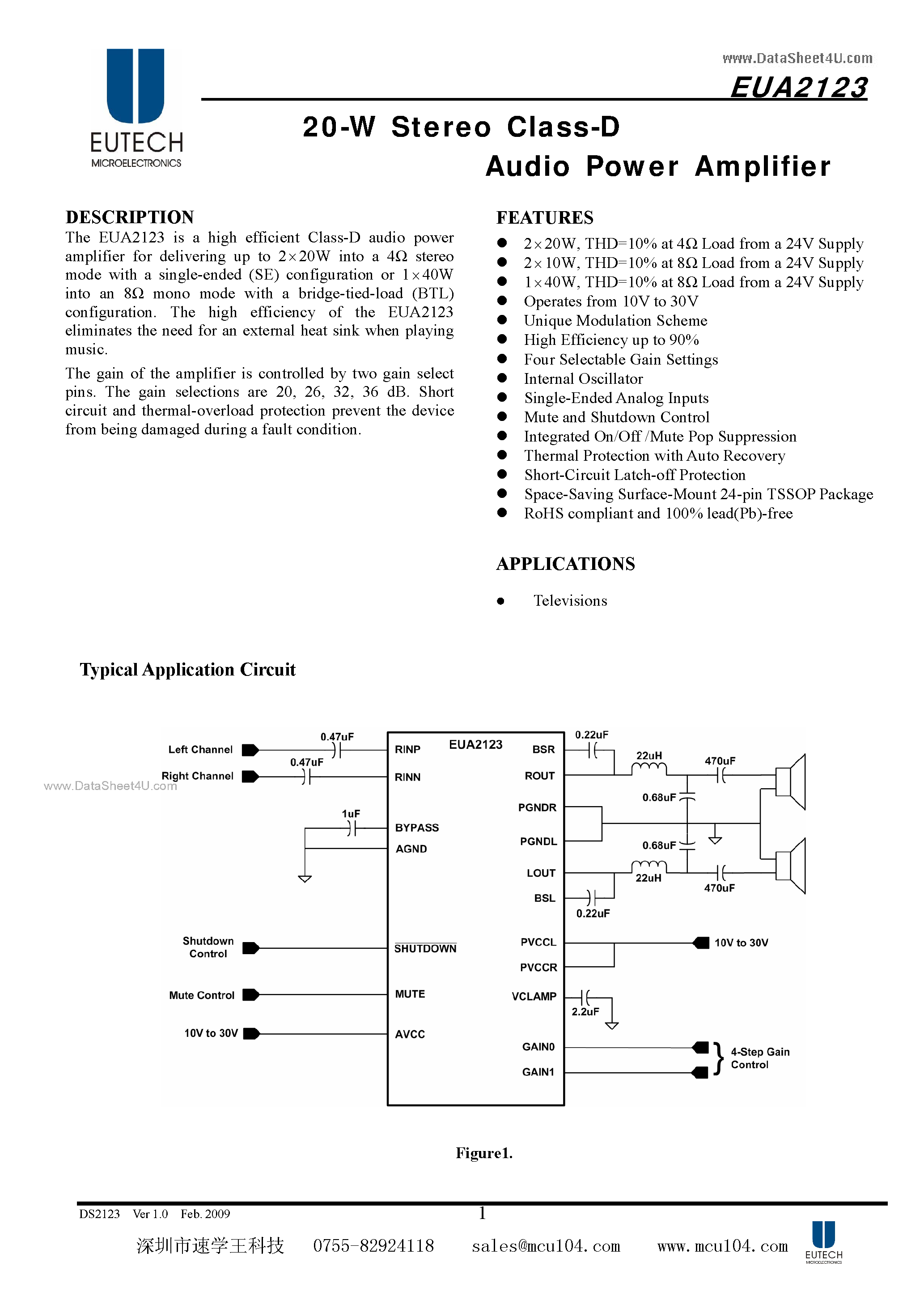 Даташит EUA2123 - 20-W Stereo Class-D Audio Power Amplifier страница 1