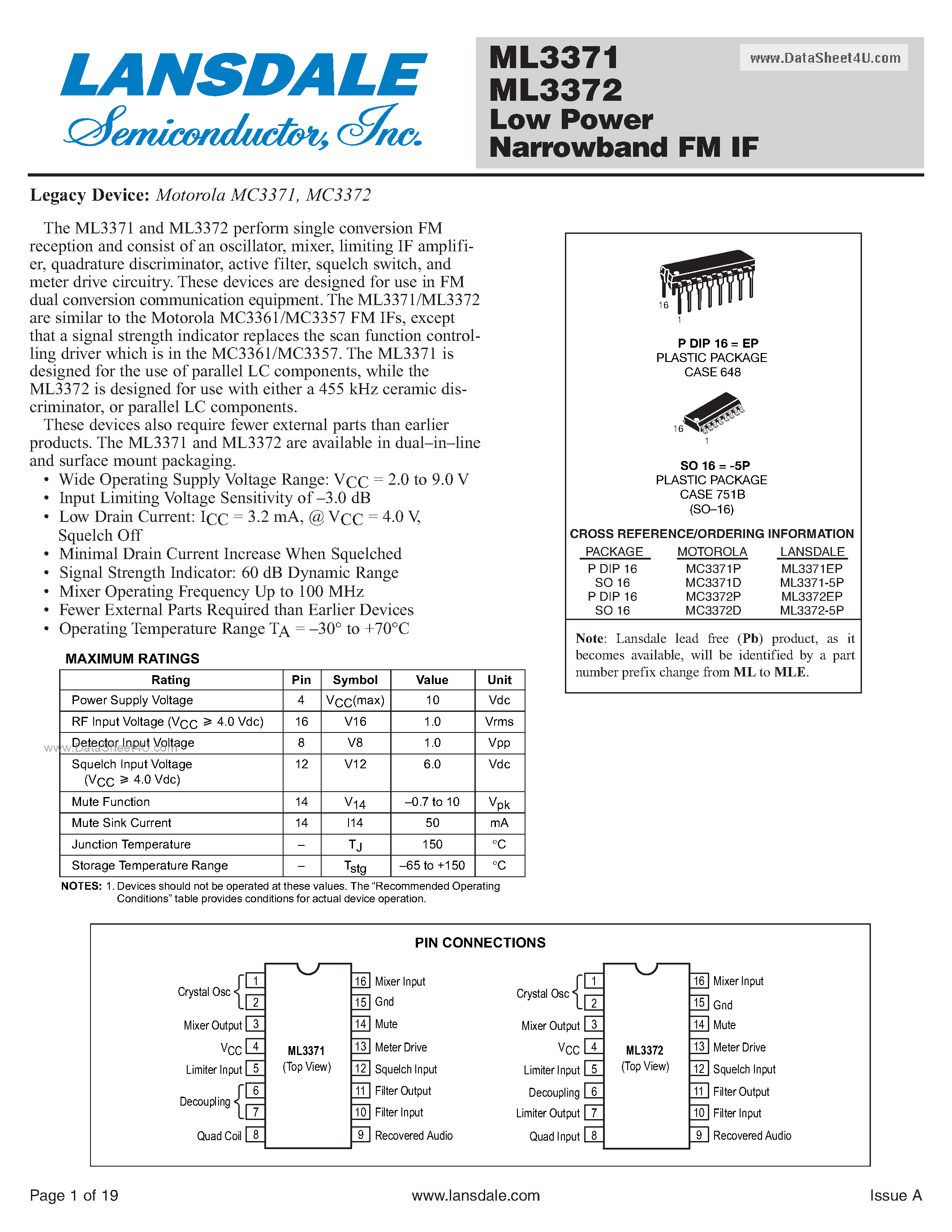 Datasheet MC3371 - (MC3371 / MC3372) Low Power Narrowband FM IF page 1