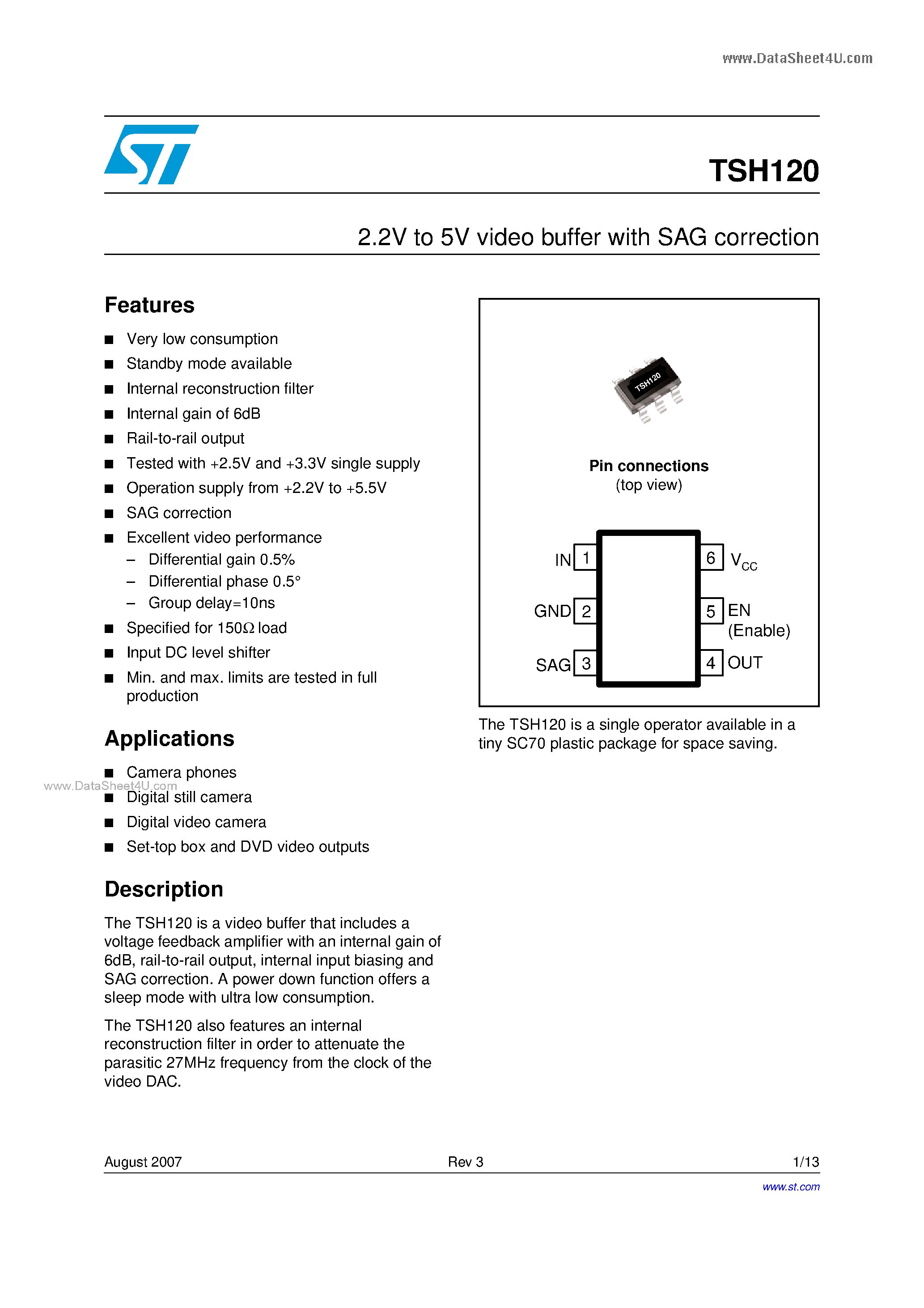 Даташит TSH120 - 2.2V to 5V video buffer страница 1