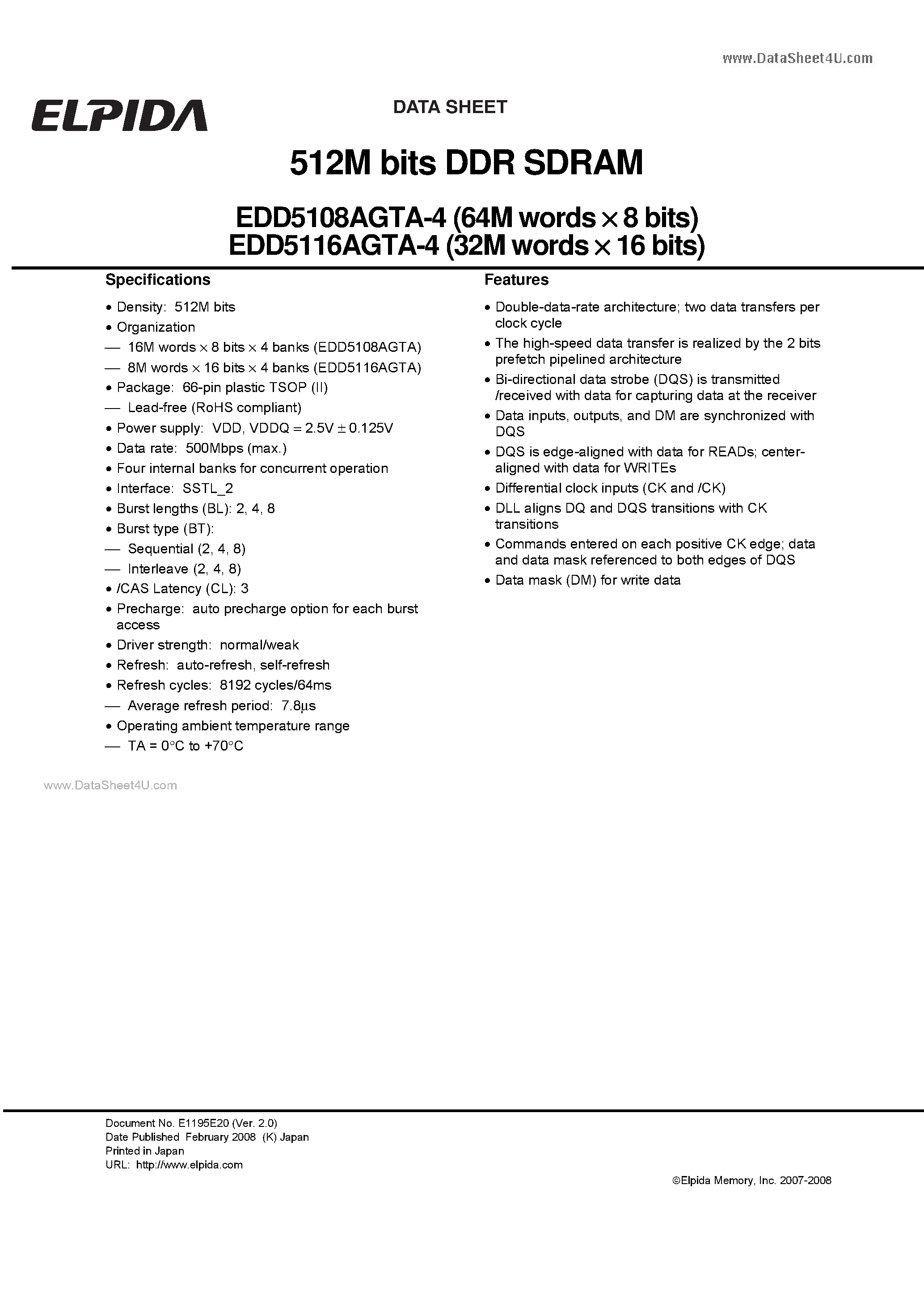 Даташит EDD5116AGTA-4 - 512M bits DDR SDRAM страница 1