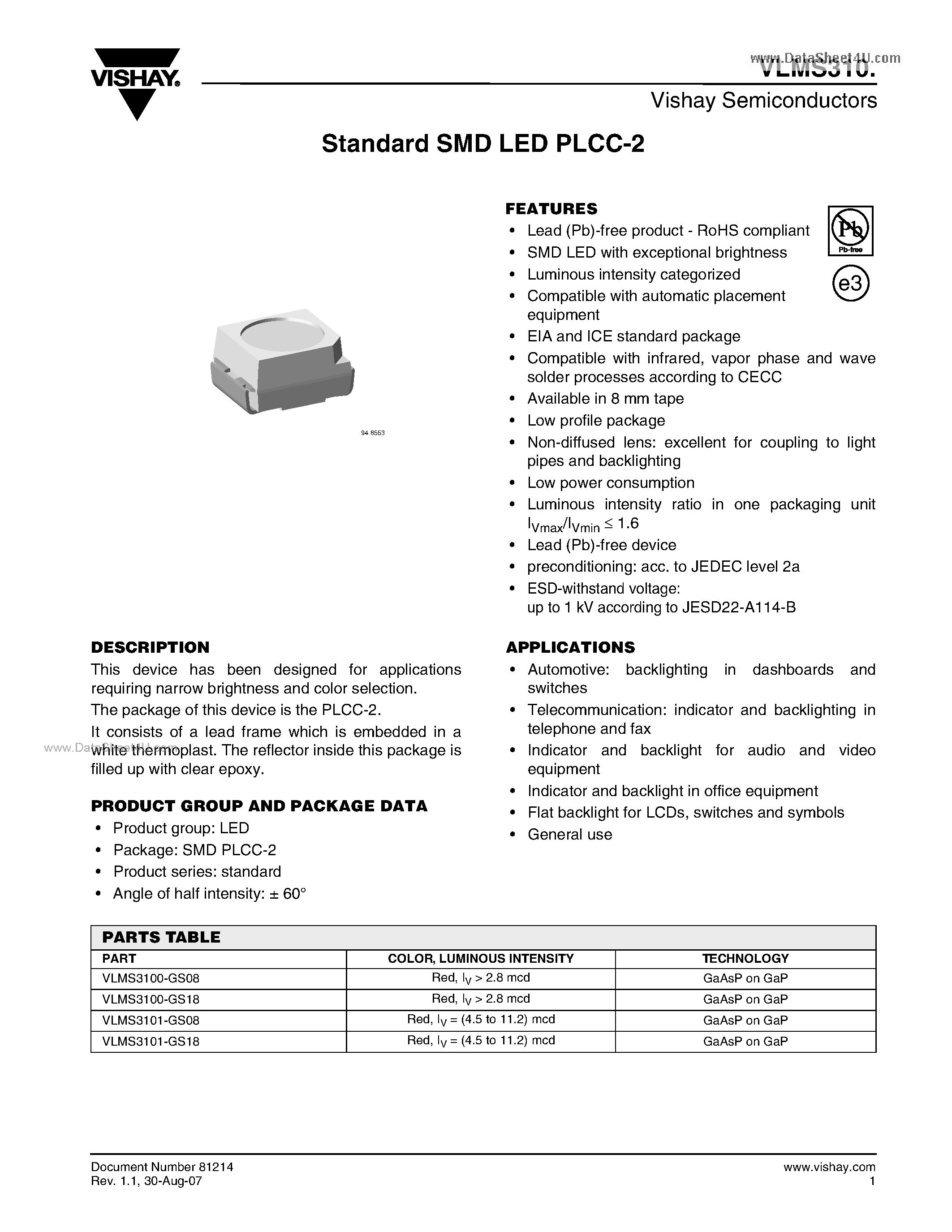 Даташит VLMS310 - Standard SMD LED PLCC-2 страница 1