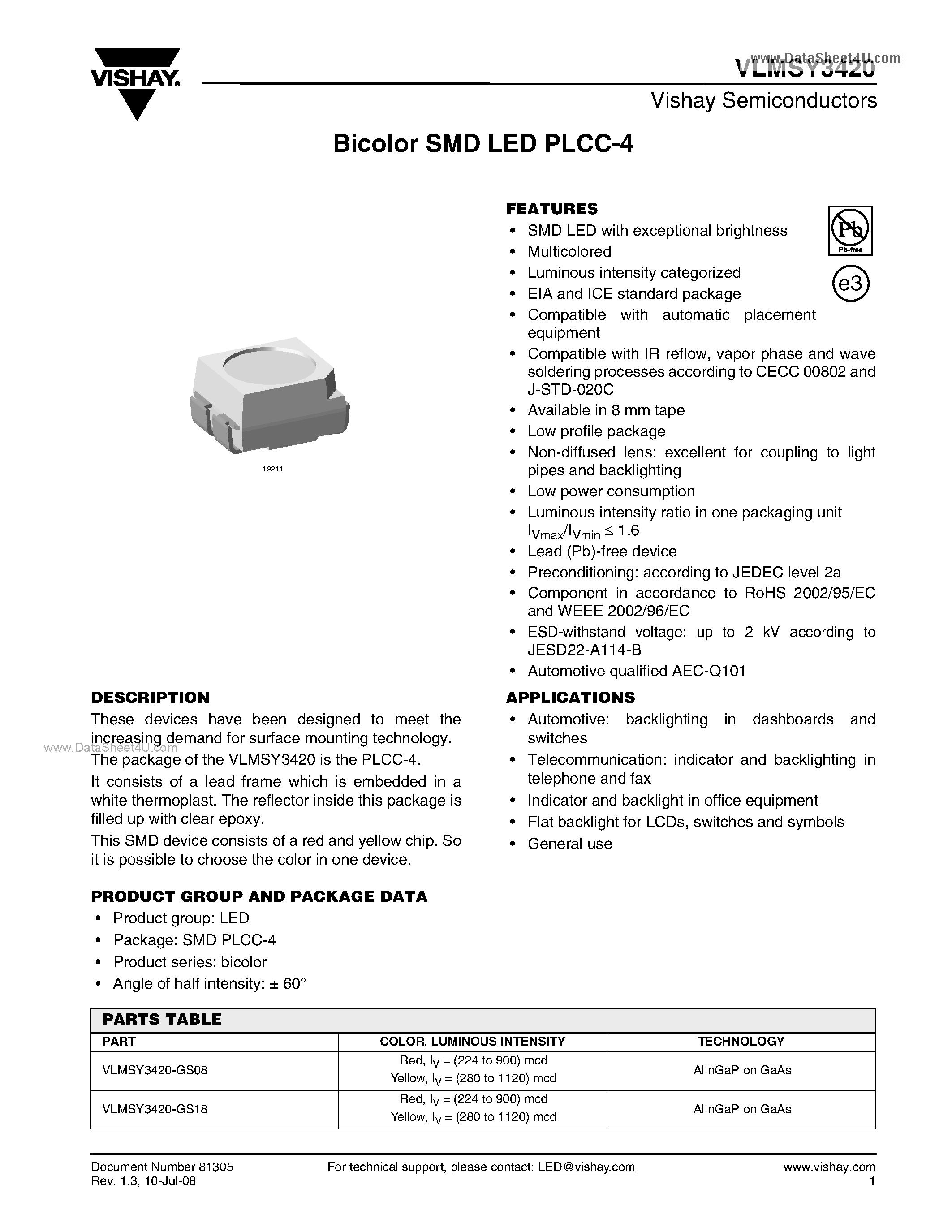 Datasheet VLMSY3420 - Bicolor SMD LED PLCC-4 page 1