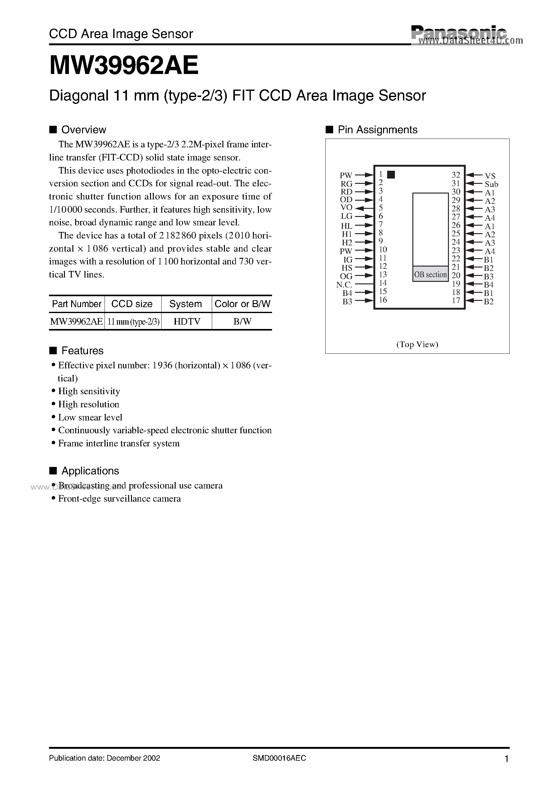 Даташит MW39962AE - Diagonal 11 mm (type-2/3) FIT CCD Area Image Sensor страница 1