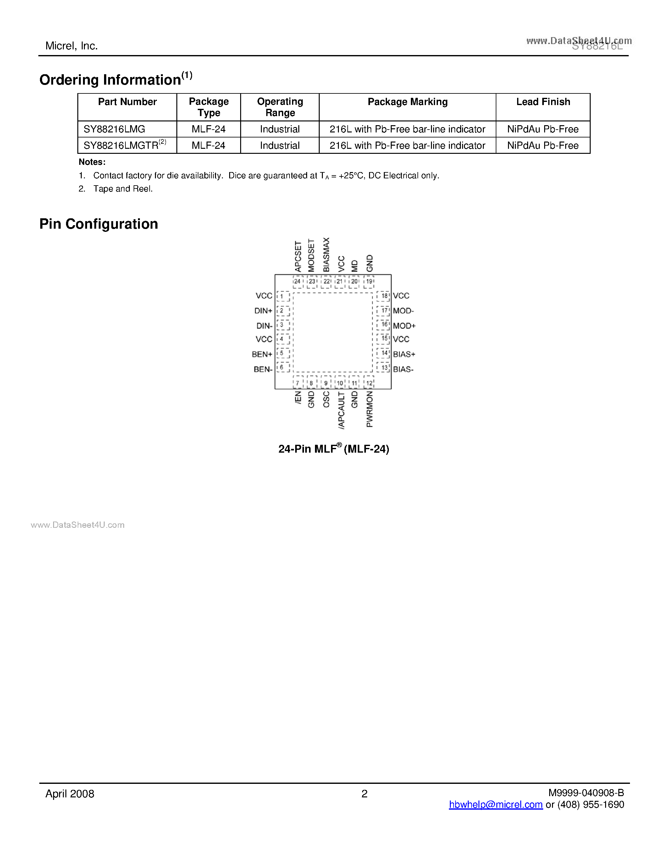 Даташит SY88216L - 2.5Gbps Burst Mode Laser Driver страница 2