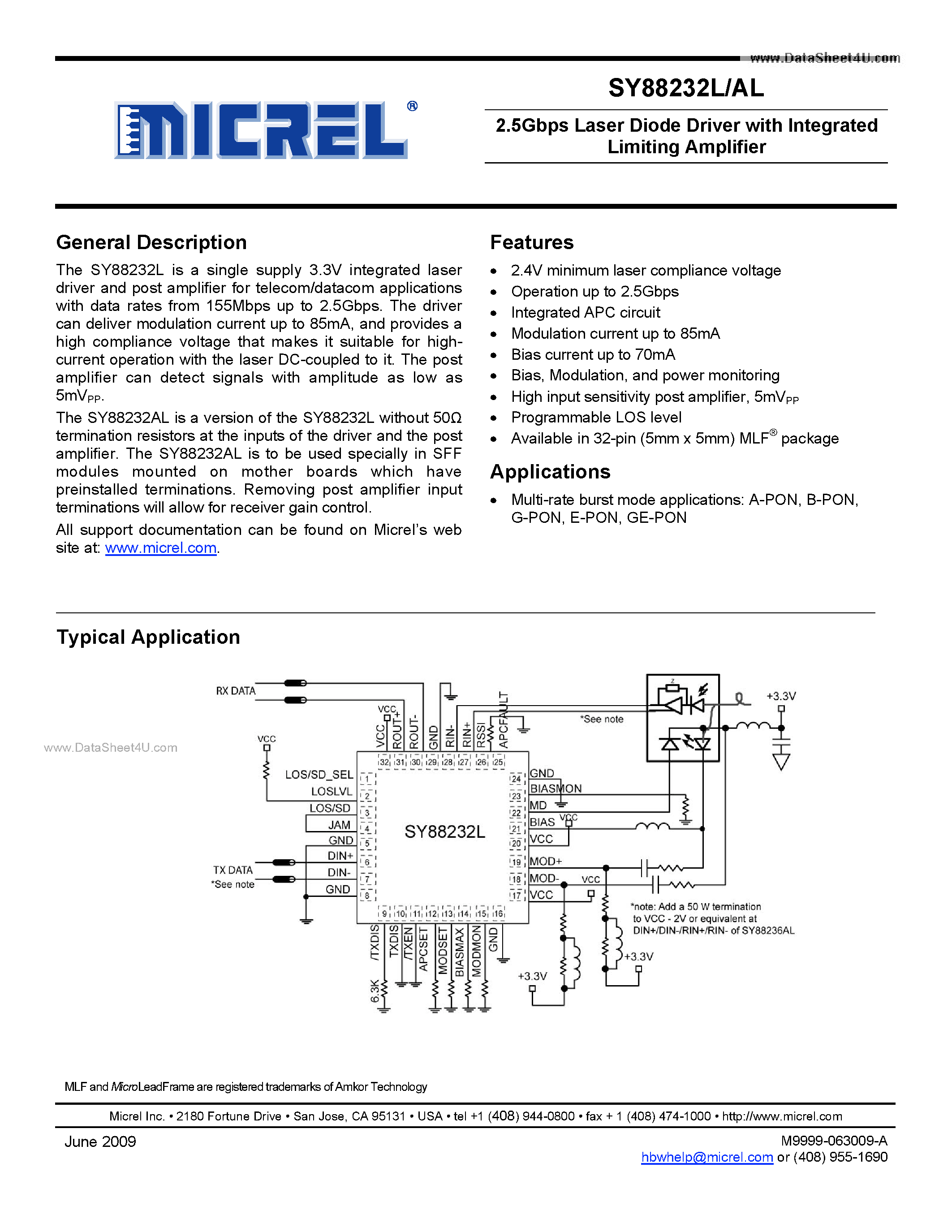 Даташит SY88232AL - 2.5Gbps Laser Diode Driver страница 1