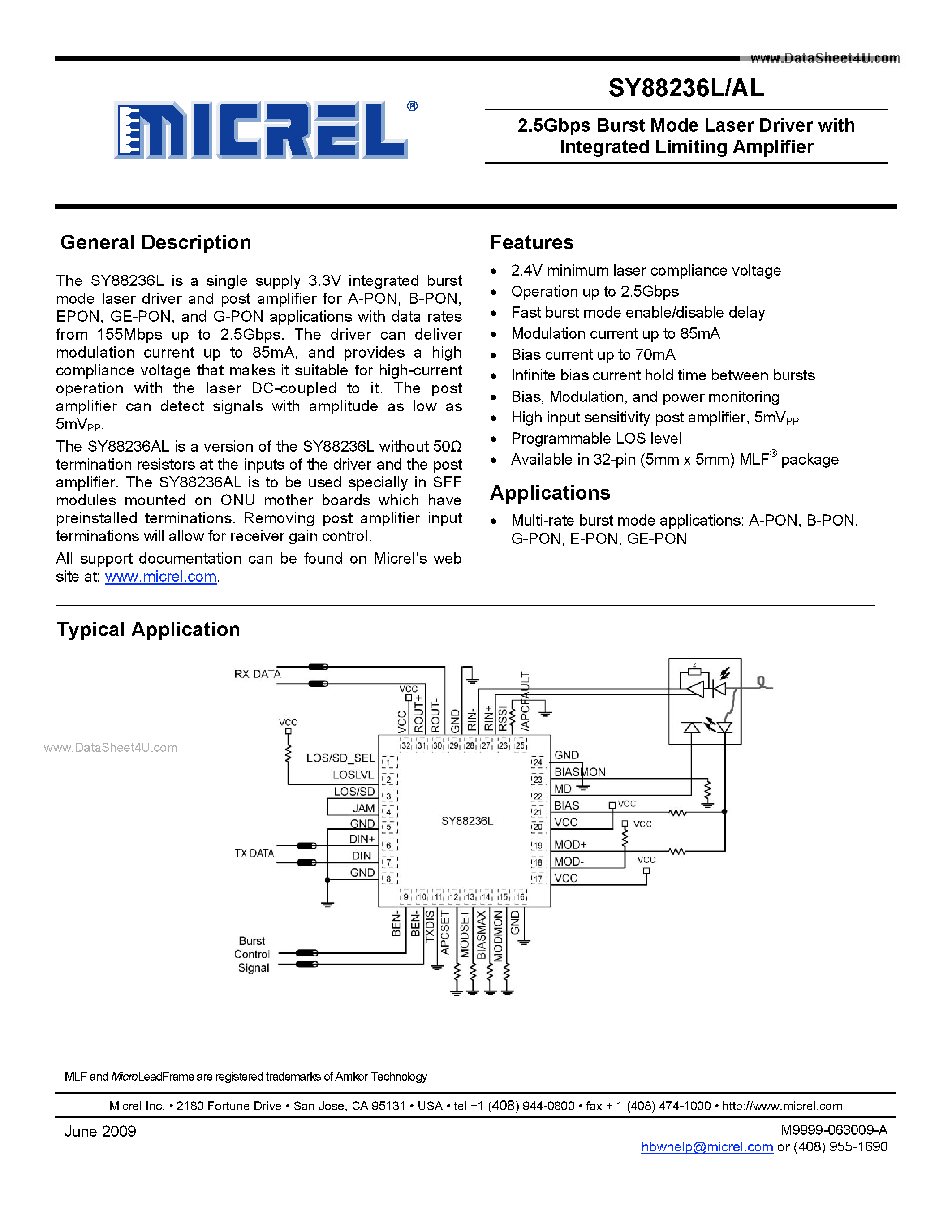 Даташит SY88236AL - 2.5Gbps Burst Mode Laser Driver страница 1